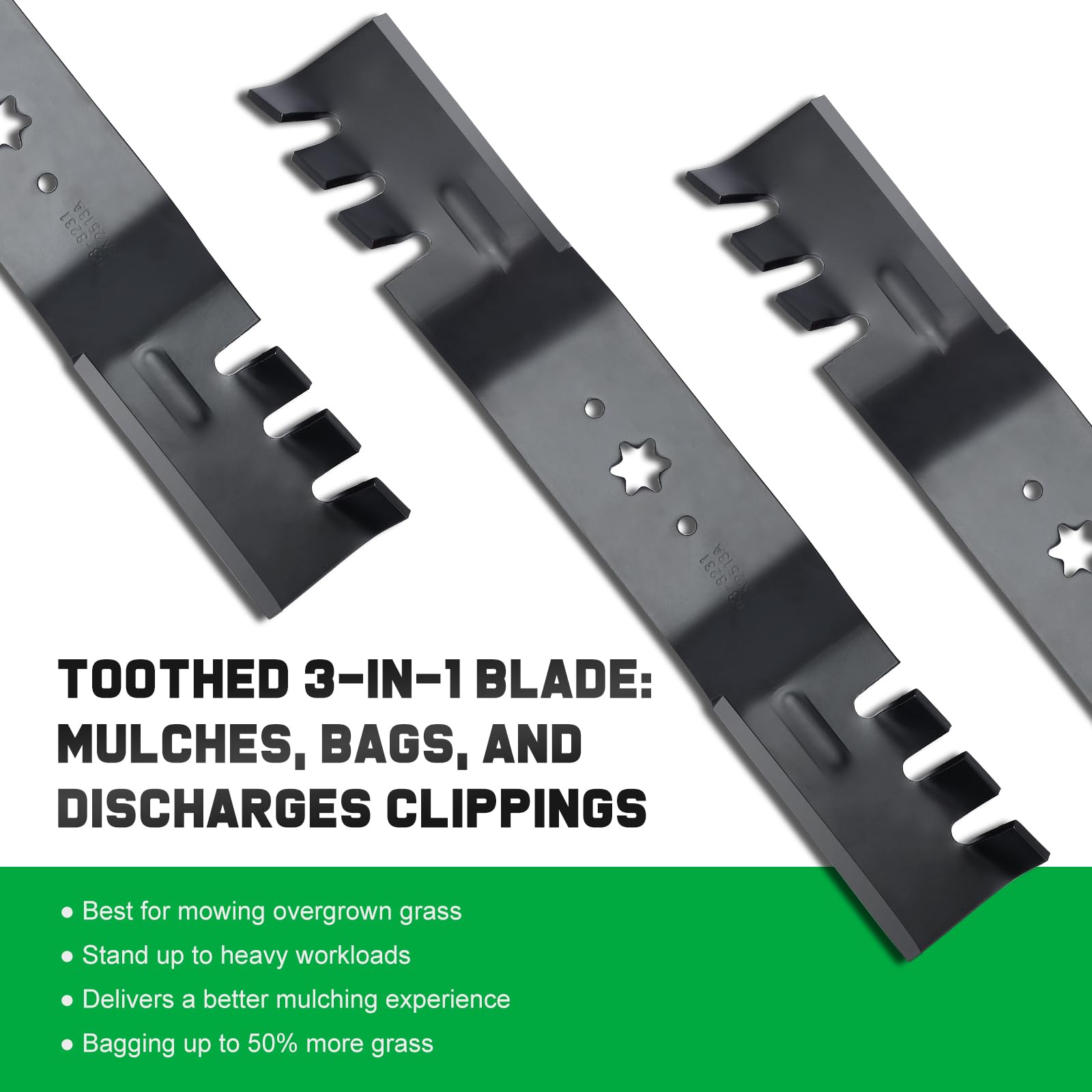 Grasscool toothed mulching edge improves clipping handling during mowing.