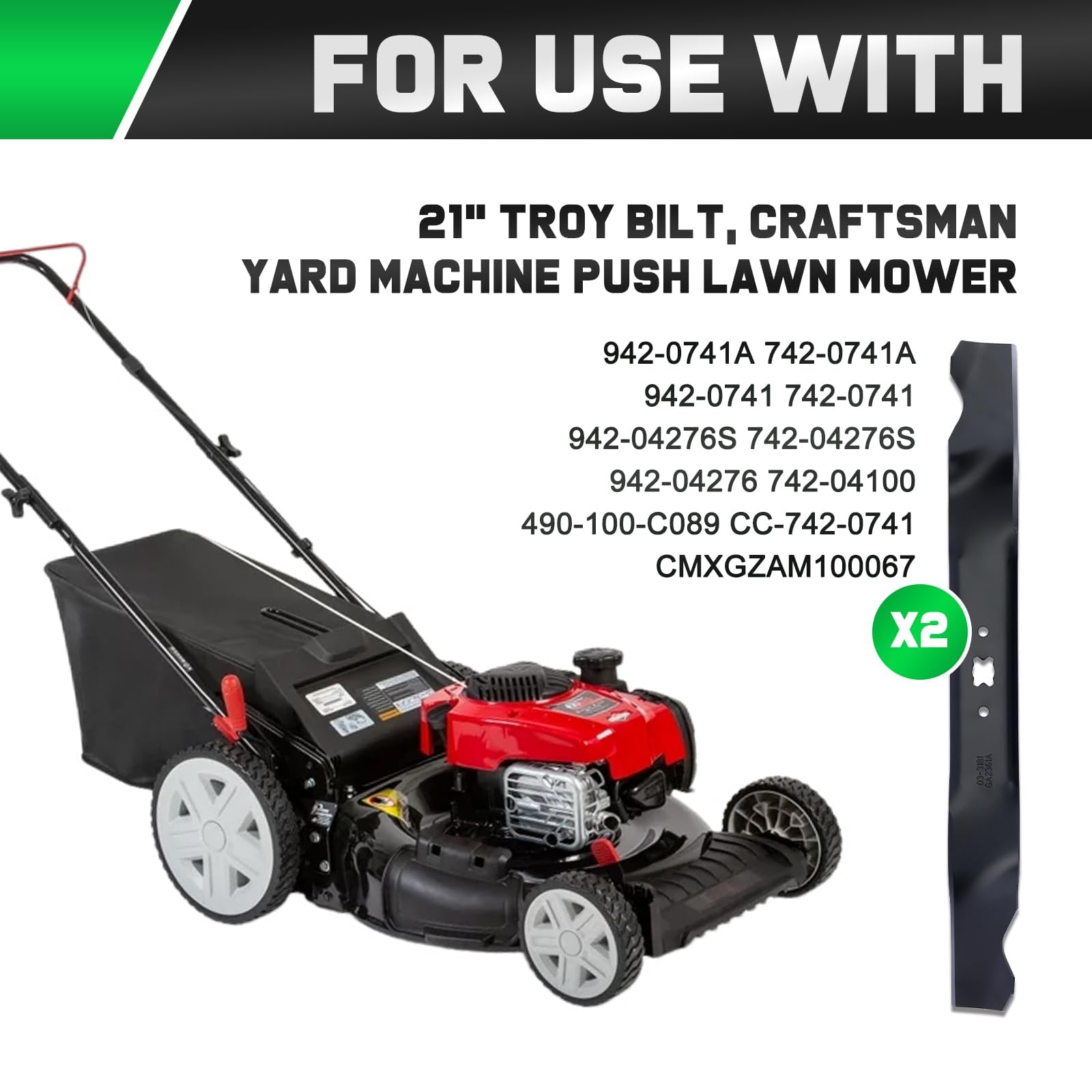Grasscool blade side-angle showing Bow Tie center-hole compatibility with Troy-Bilt 21-inch mowers.