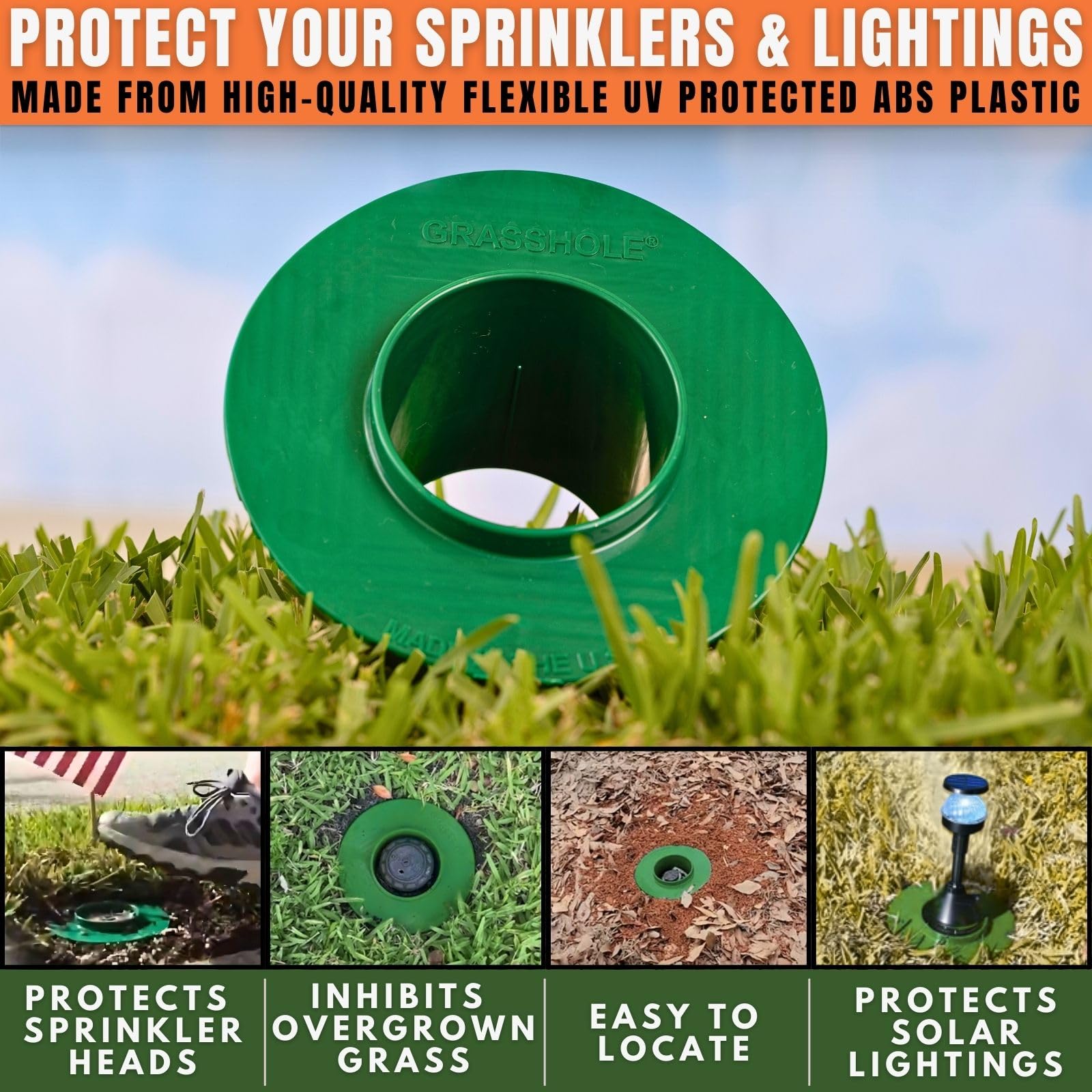 GRASSHOLE donut guard disc design prevents grass from covering sprinkler heads