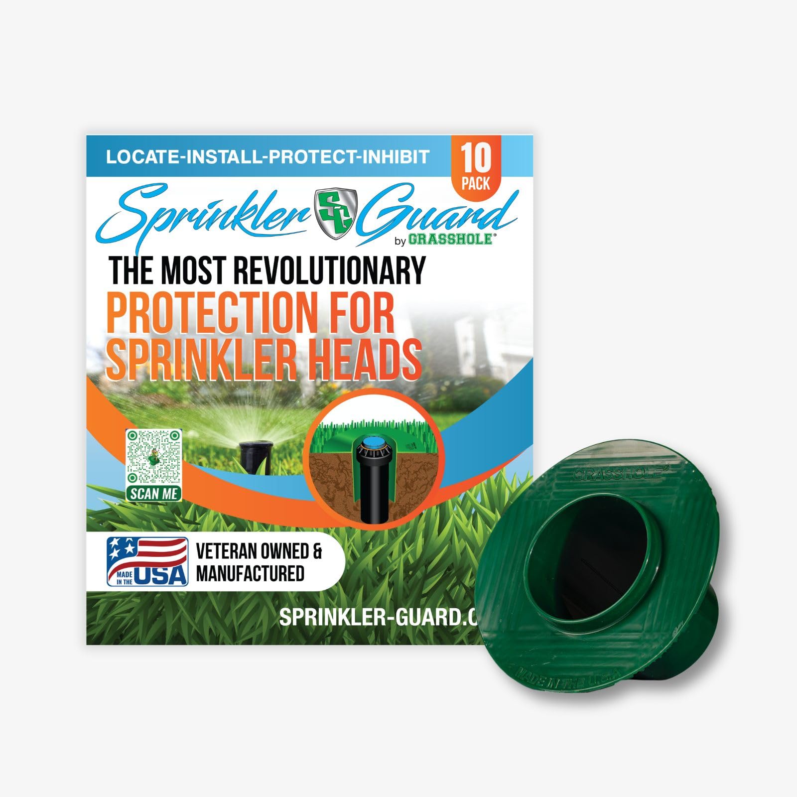 GRASSHOLE sprinkler head guard donut-style protects heads from mower damage.