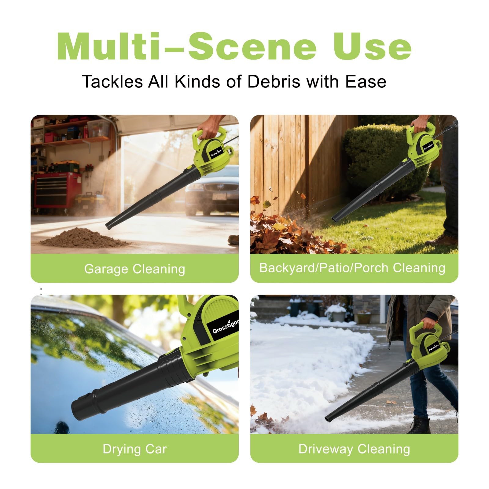 GRASSTIGON 210MPH airspeed empowers quick clearing of leaves and lightweight debris.
