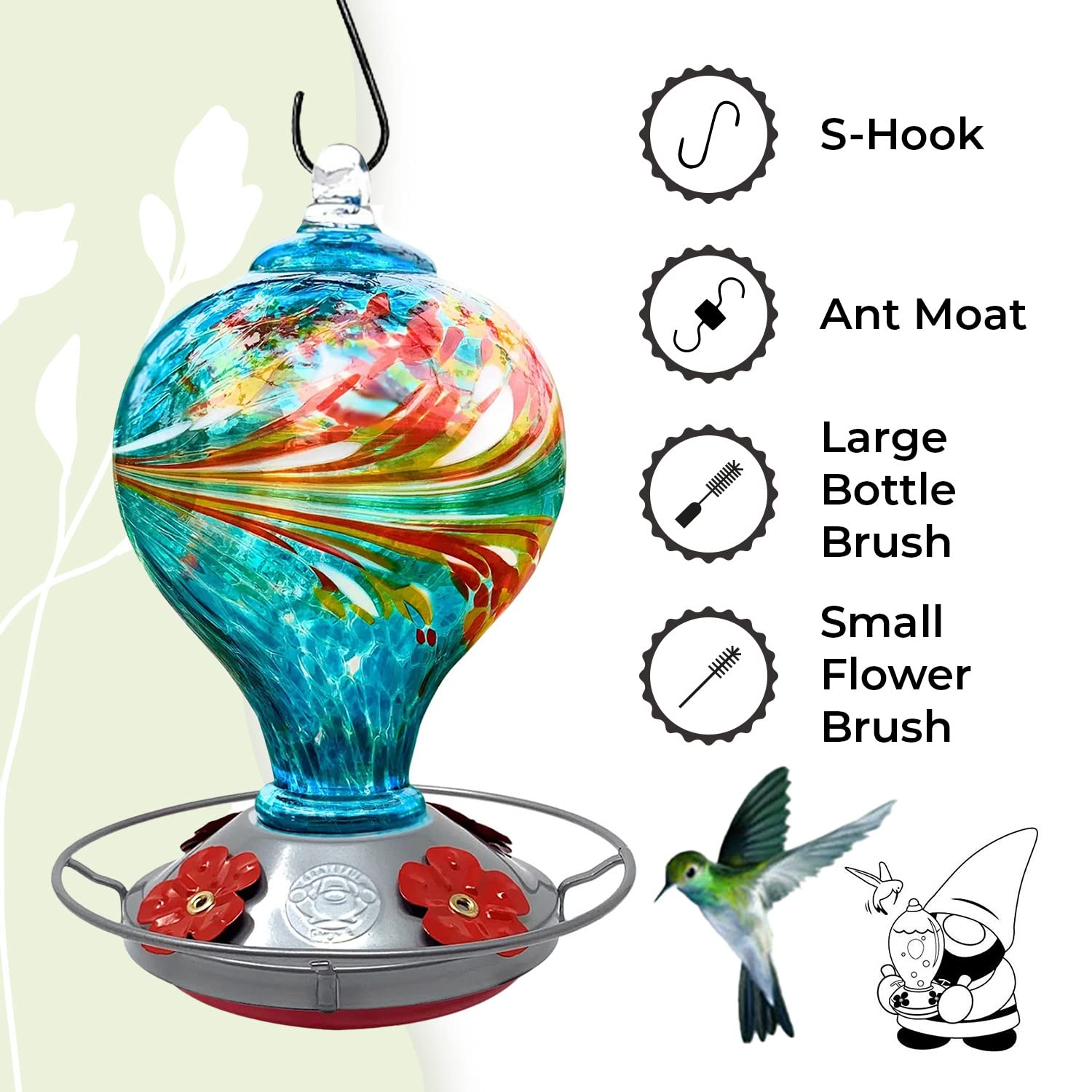 Grateful Gnome hand-blown glass feeder offers durable garden decor