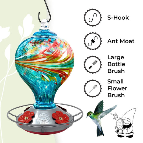 Grateful Gnome hand-blown glass feeder offers durable garden decor