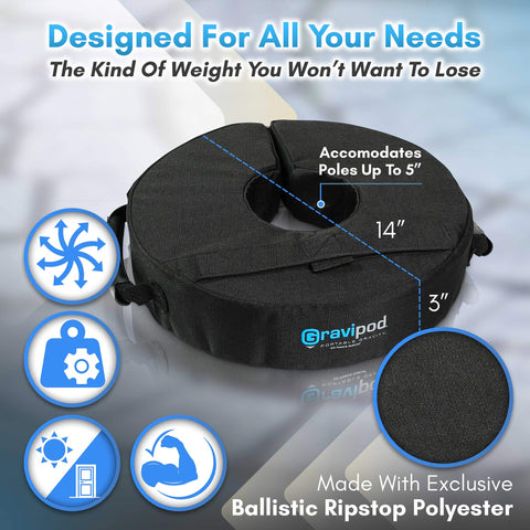 Gravipod 14-inch weight bag supporting a patio umbrella stand outdoors