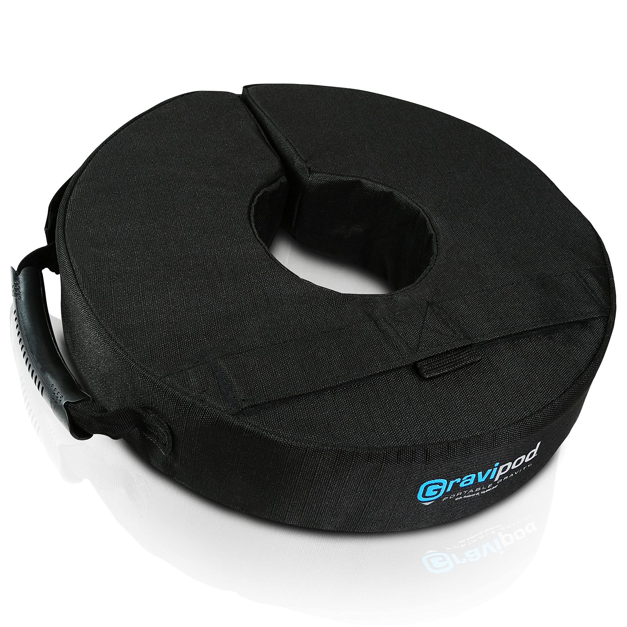 Gravipod 14-inch weight bag stabilizing a patio umbrella on a windy deck