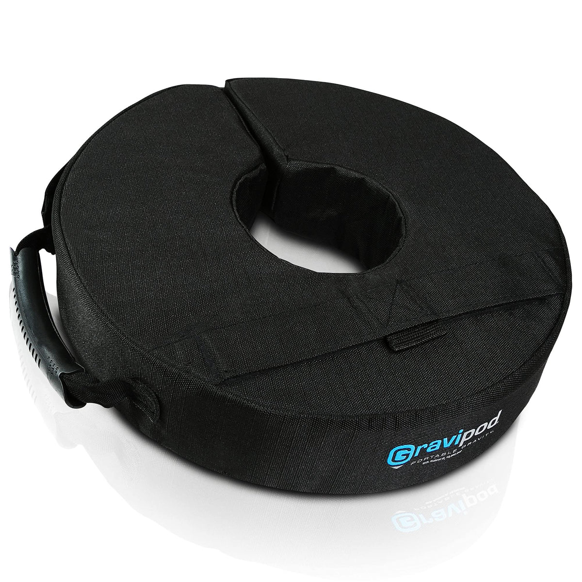 Gravipod 14-inch weight bag stabilizing a patio umbrella on a windy deck