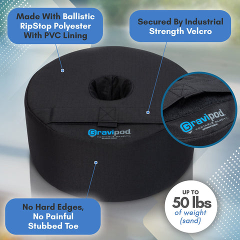 Gravipod base shows 85-pound capacity for stable umbrellas.