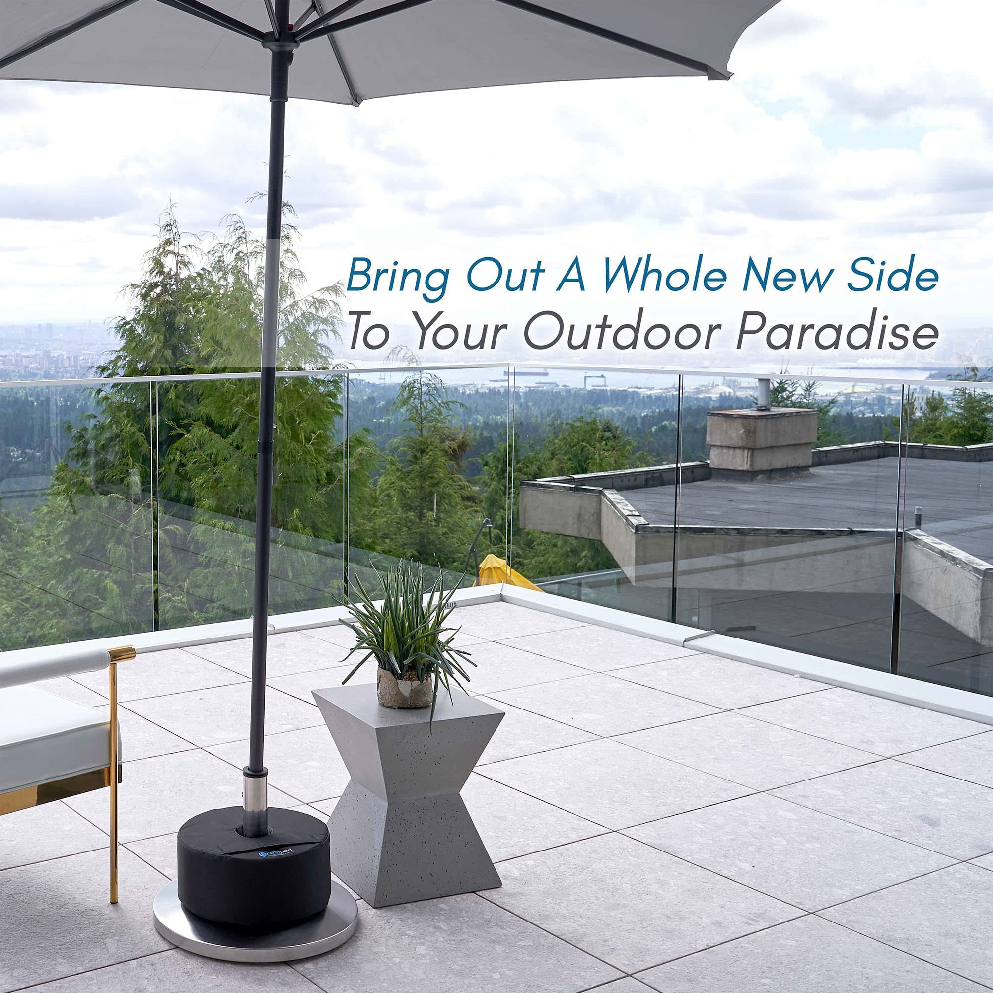 Gravipod base on a patio providing stable, wobble-free shade.