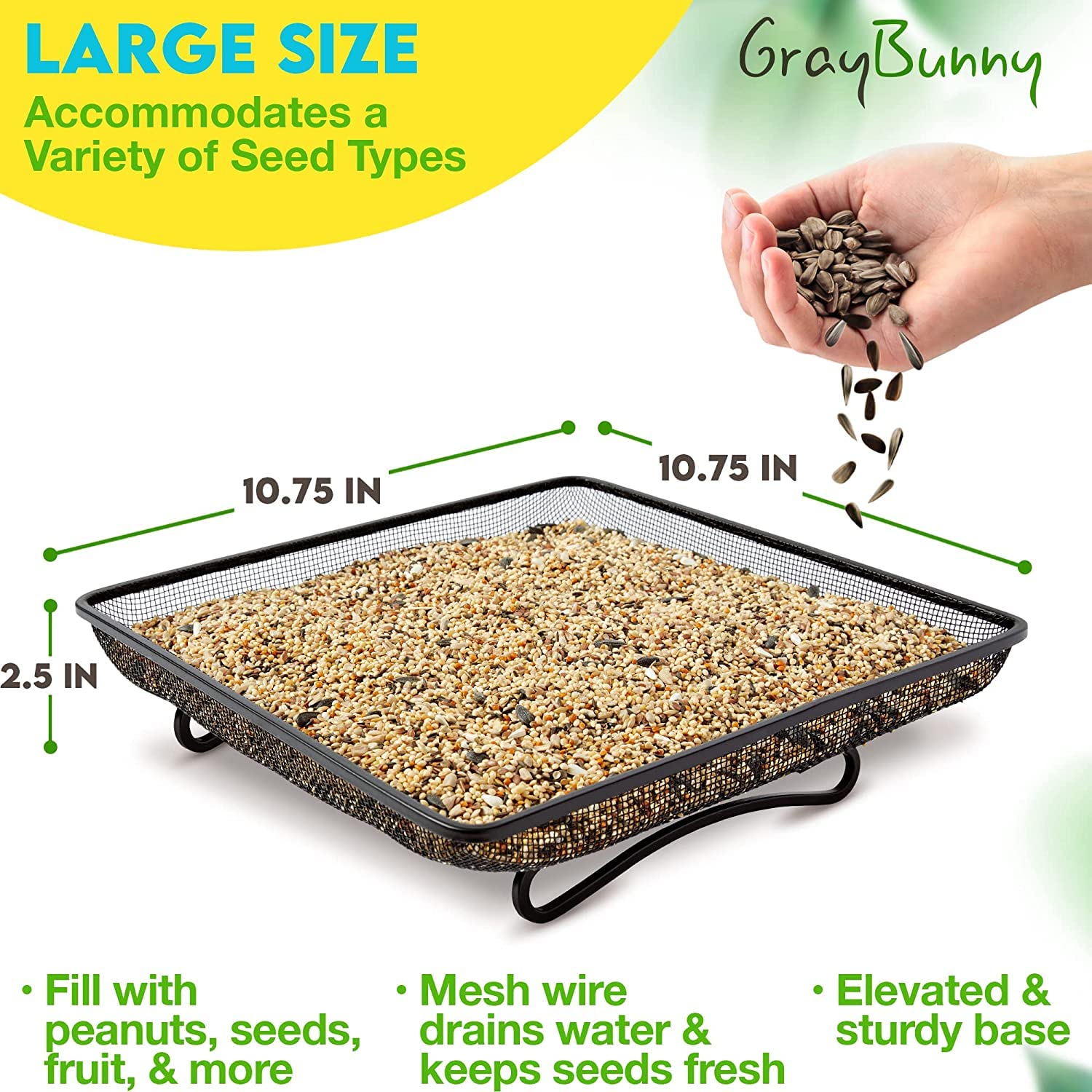 Gray Bunny anti-spill raised-edge tray minimizes seed scatter