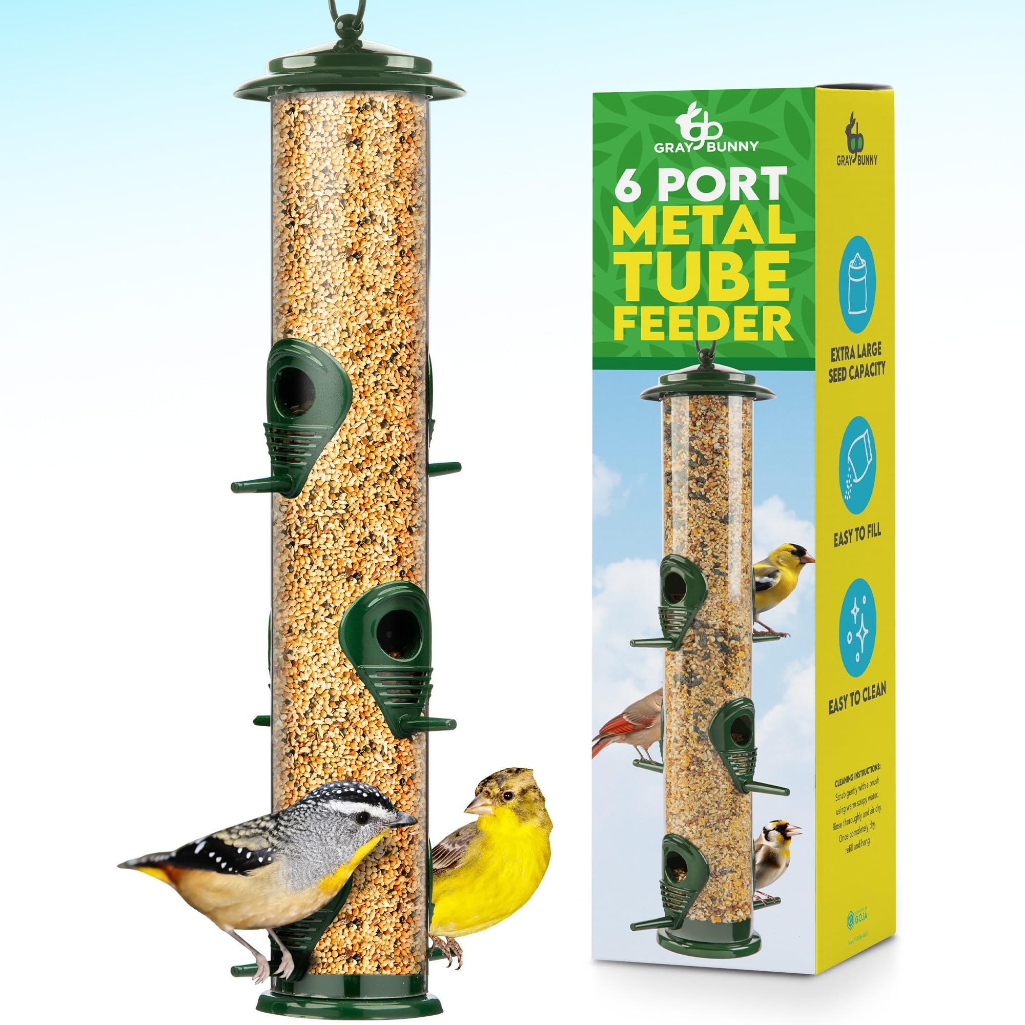 Gray Bunny bird feeder green six-port design attracts diverse backyard birds