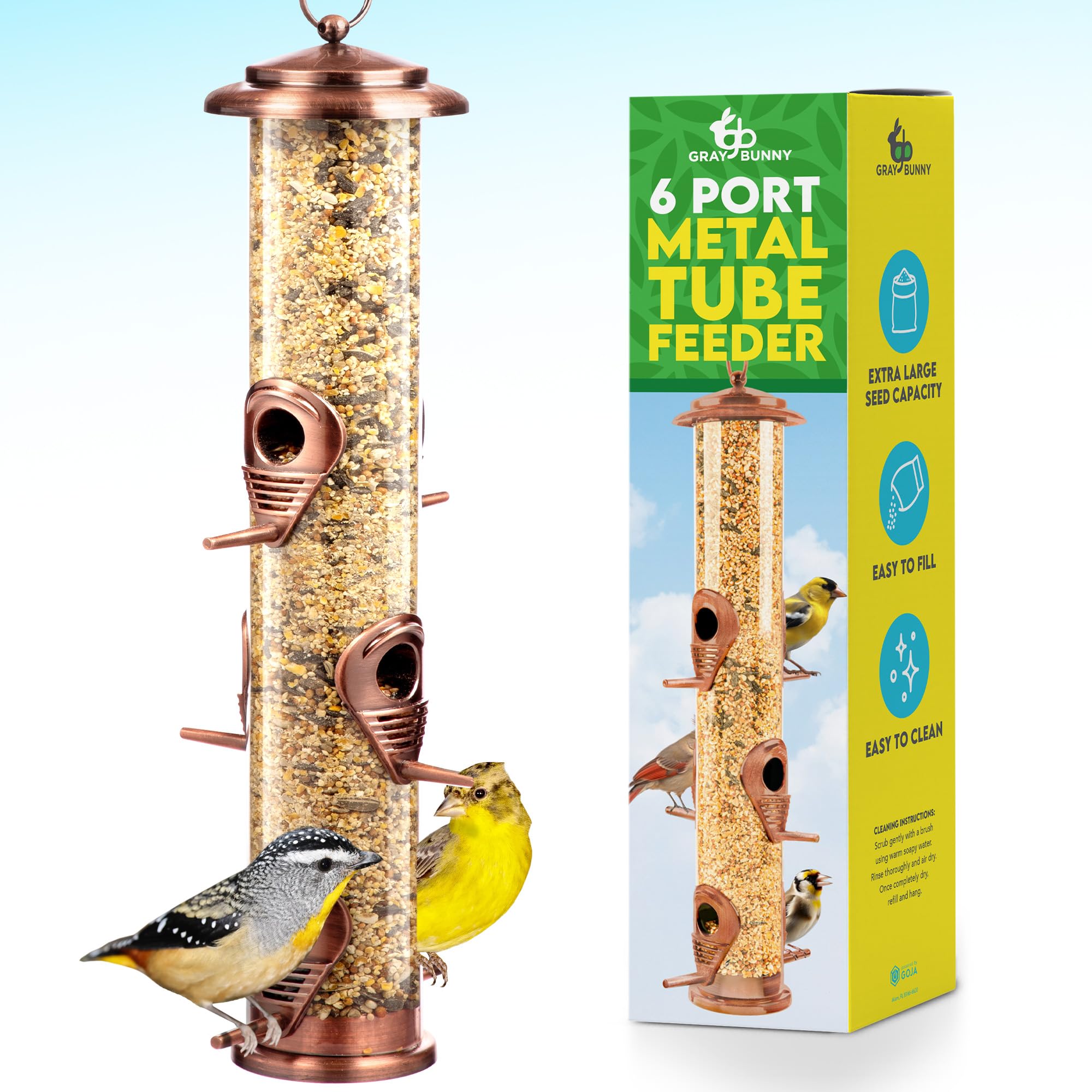 Gray Bunny bird feeder in brushed copper with six ports attracts diverse backyard birds