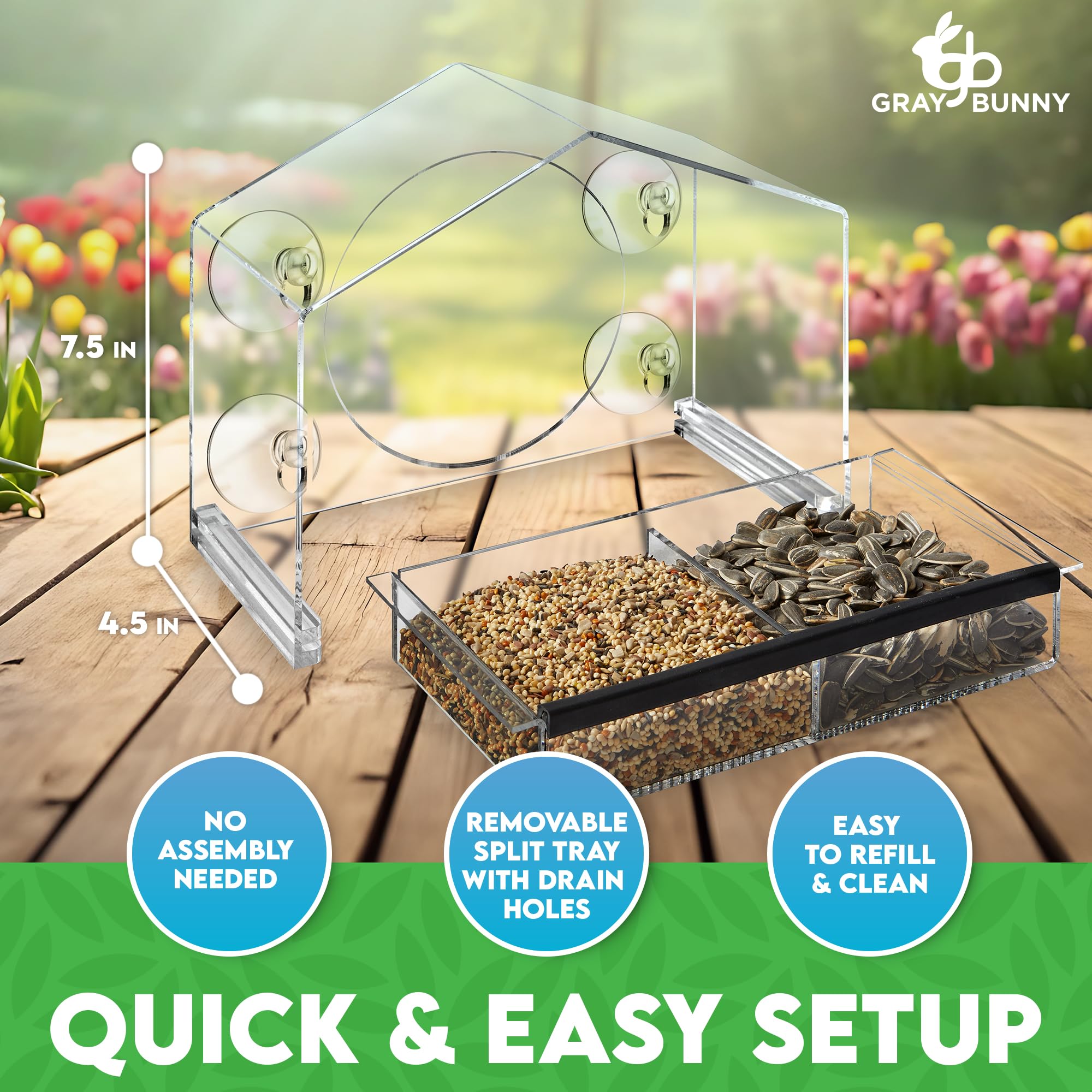 Gray Bunny clear acrylic body offers vivid view of visiting birds