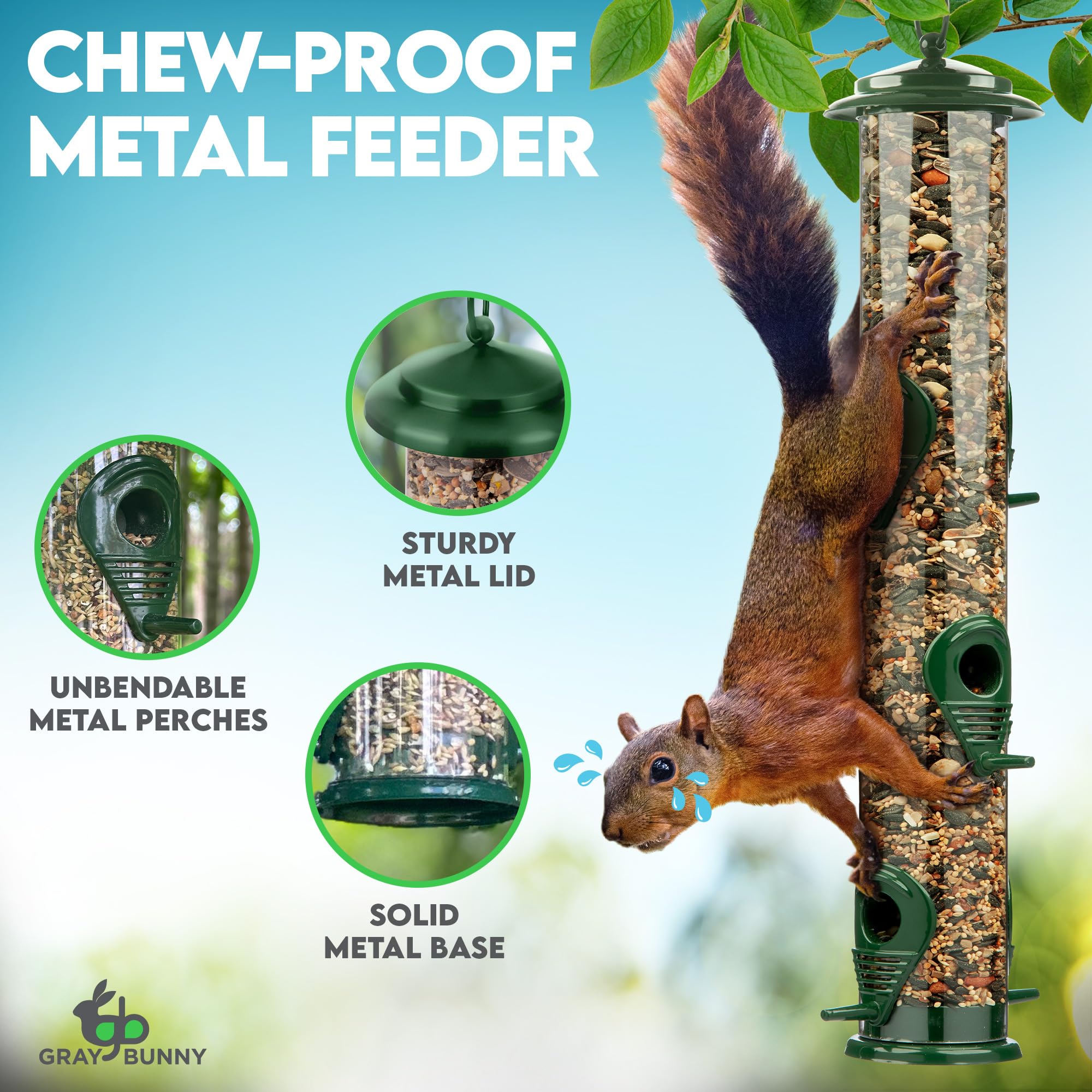 Gray Bunny clear seed tube lets you monitor levels at a glance