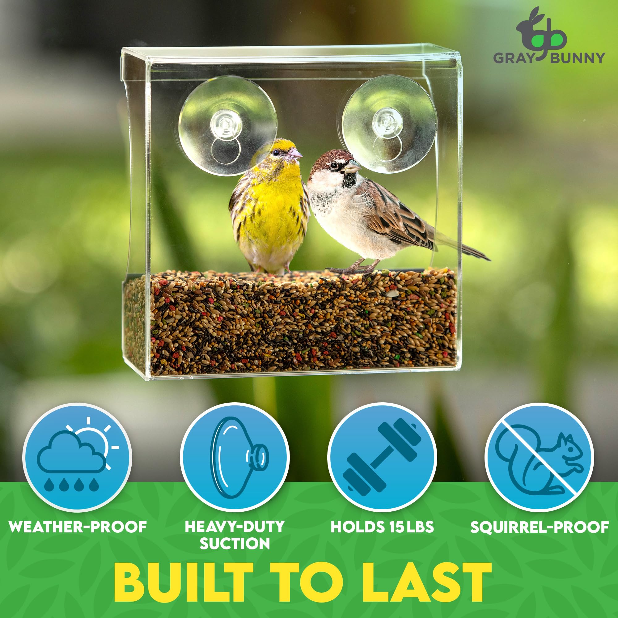Gray Bunny Clear Window Feeder includes drain holes to keep seeds dry after rain.