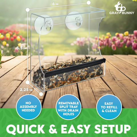 Gray Bunny Clear Window Feeder focuses on the seed tray for extended feeding sessions.