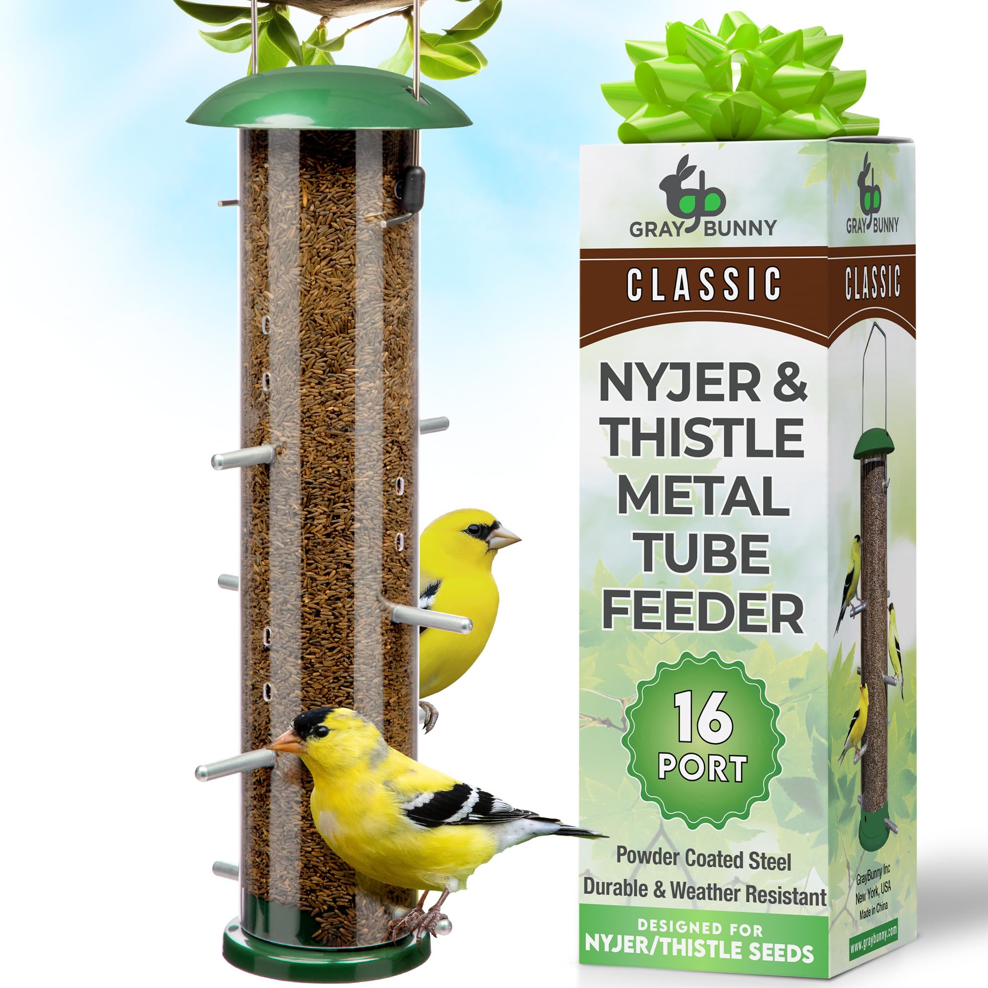Gray Bunny Finch Bird Feeder with 16 ports for easy backyard finch viewing