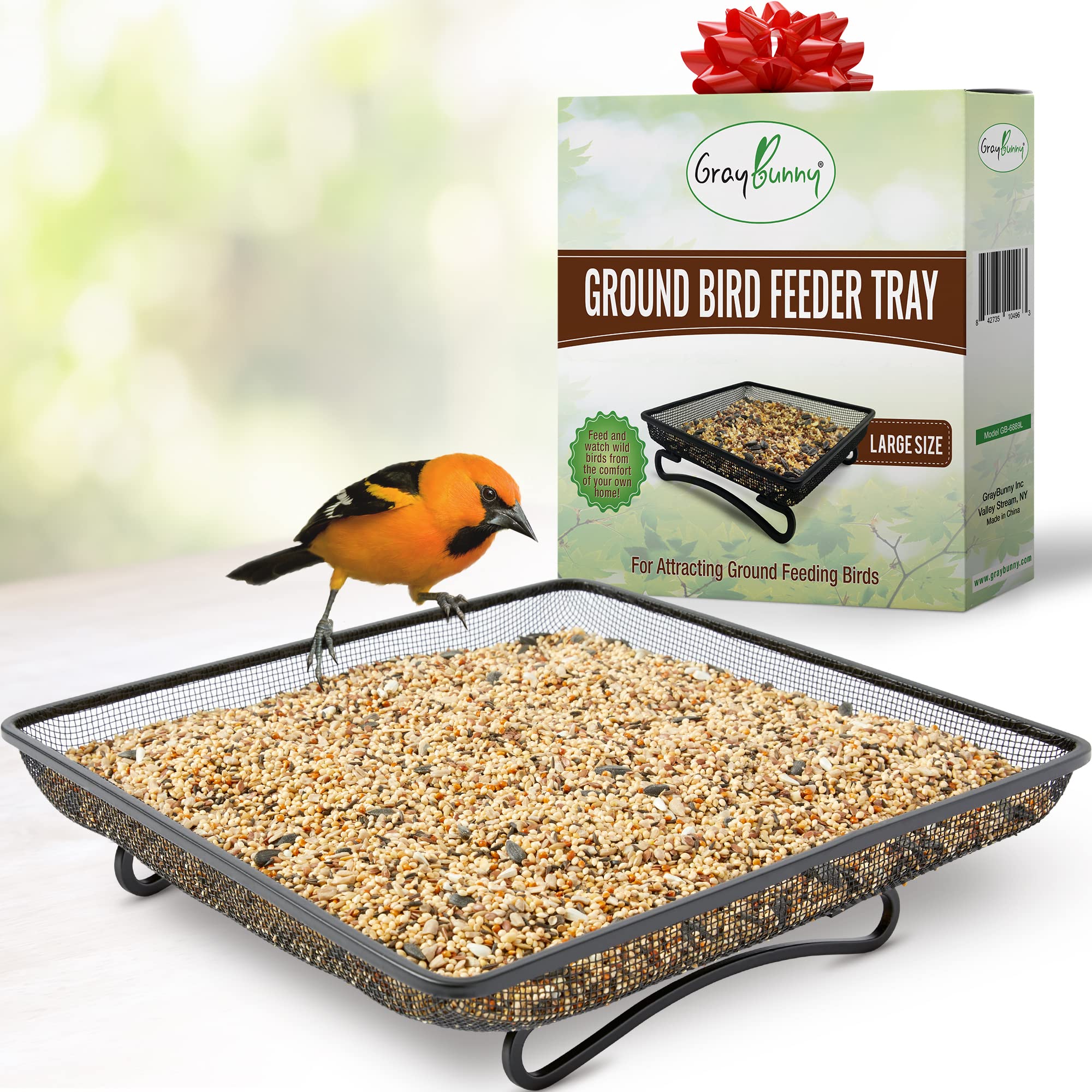 Gray Bunny ground bird feeder tray with steel mesh for mess-free feeding
