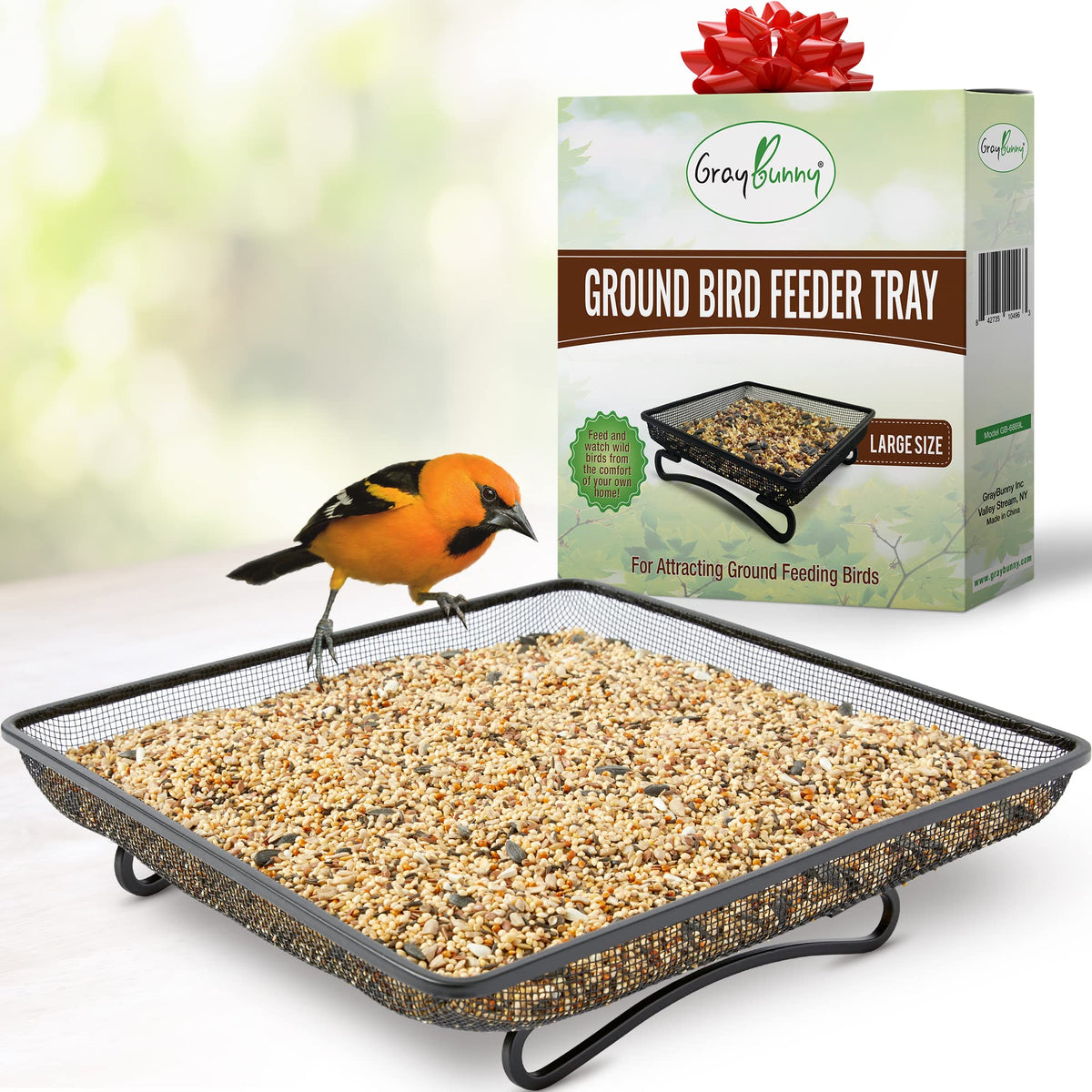 Gray Bunny ground bird feeder tray with steel mesh for mess-free feeding