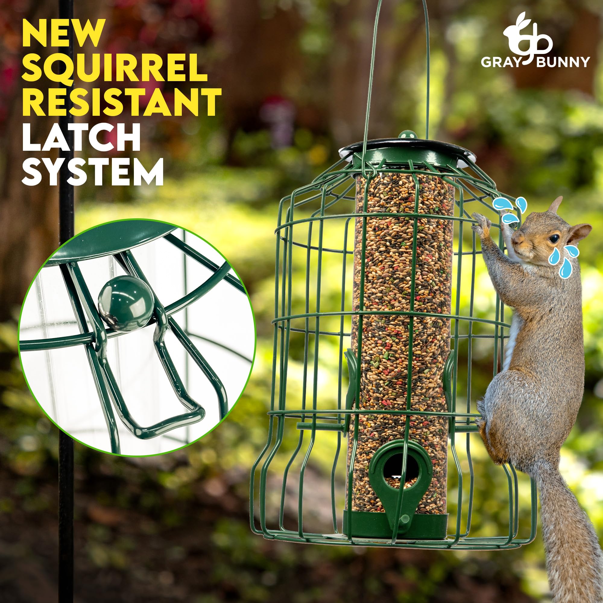 Gray Bunny hanging feeder in outdoor setup for easy patio placement.