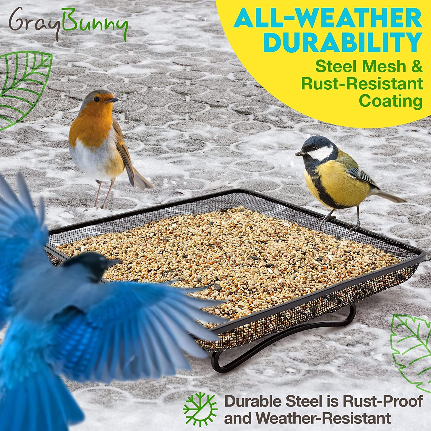 Gray Bunny standing bird feeder tray on deck supports multiple visitors
