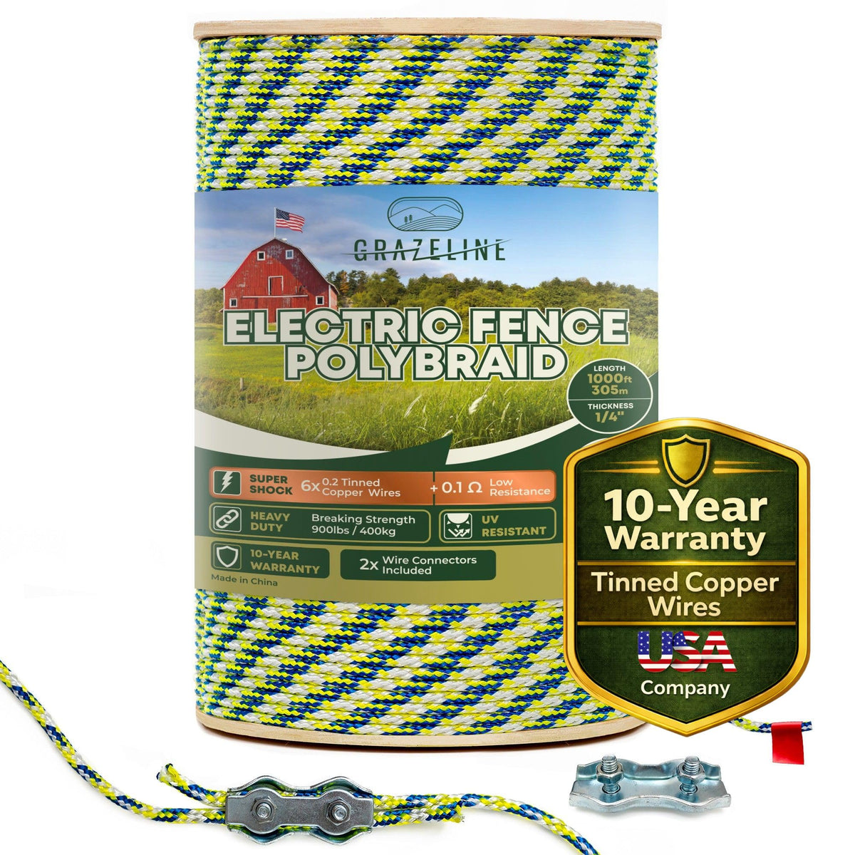 Grazeline electric fence polybraid quarter-inch close-up highlights durable braiding for dependable conductivity.