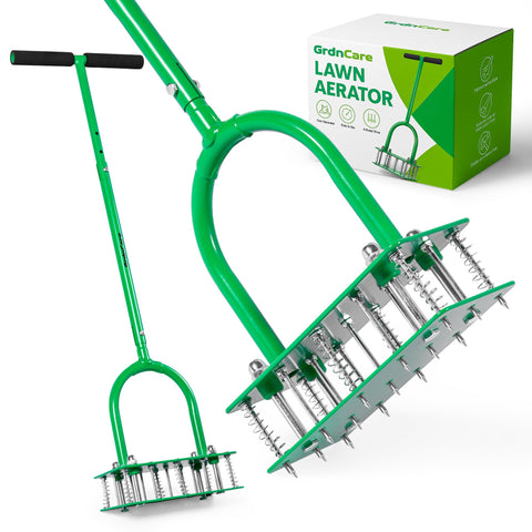 GrdnCare aerator with 15 iron spikes for deep soil penetration and aeration.