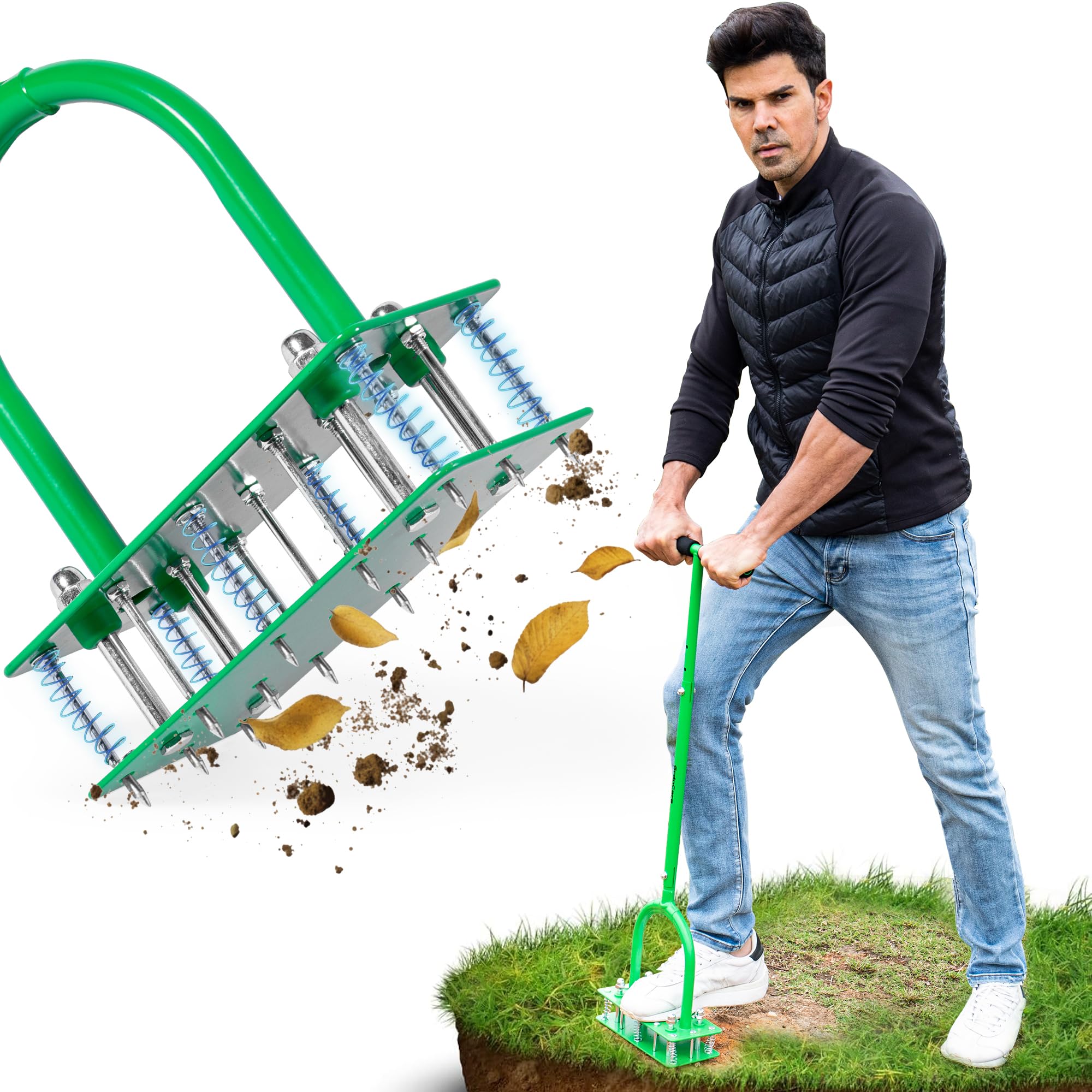 GrdnCare aerator in small yard demonstrating space-efficient design.