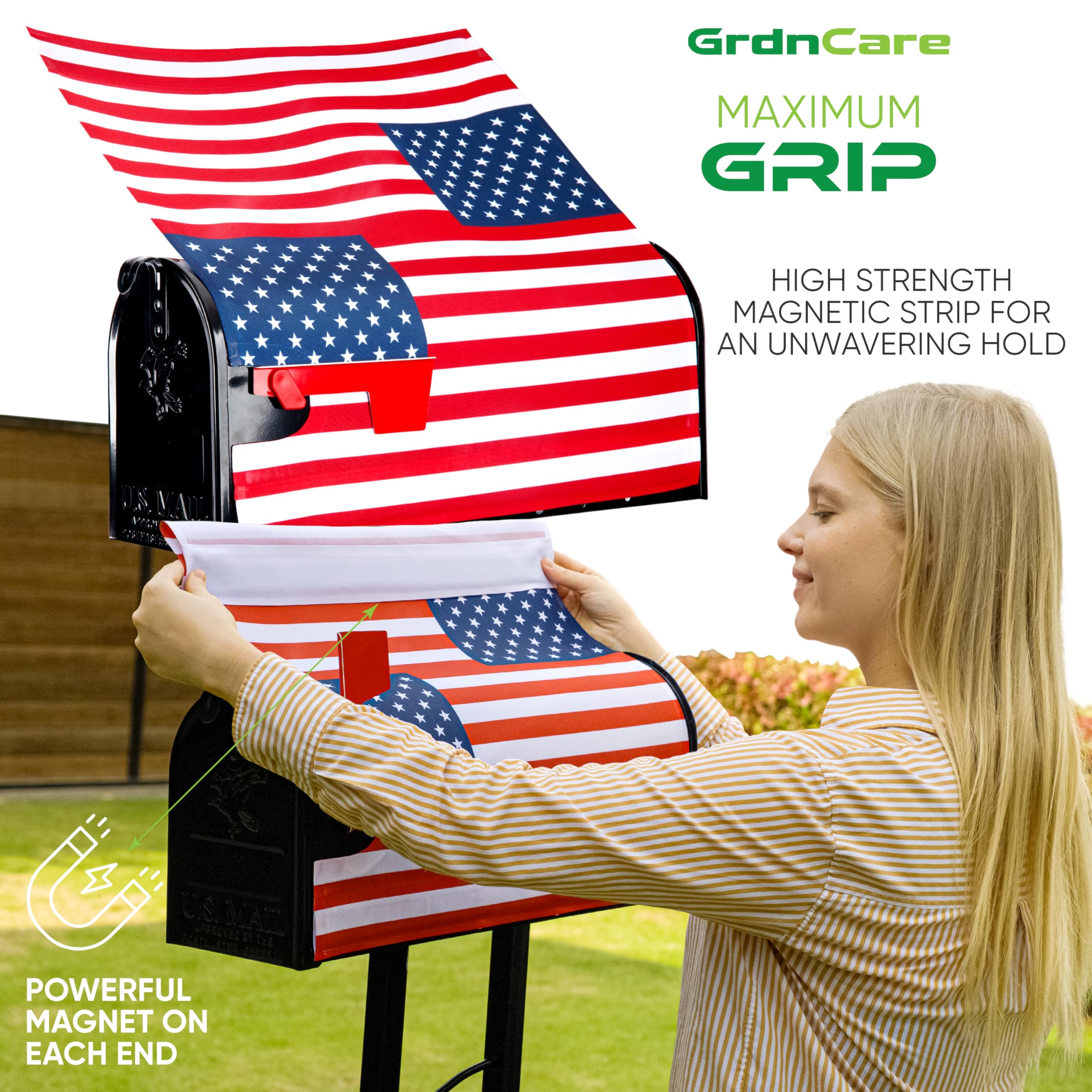GrdnCare patriotic mailbox cover with strong magnets offers wind-resistant security.