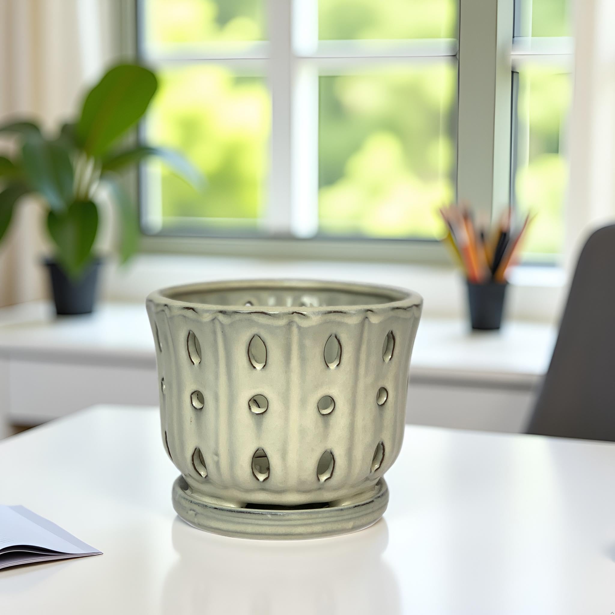 Grdthzey ceramic orchid pot glazed interior close-up emphasizes moisture control