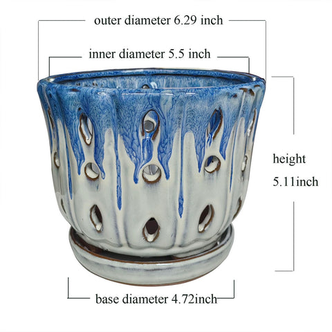 Grdthzey ceramic pot glazed finish with aeration holes around for airflow.