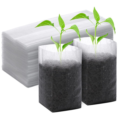 GREANER biodegradable seedling bags, 100pcs, ready for transplanting in gardens.