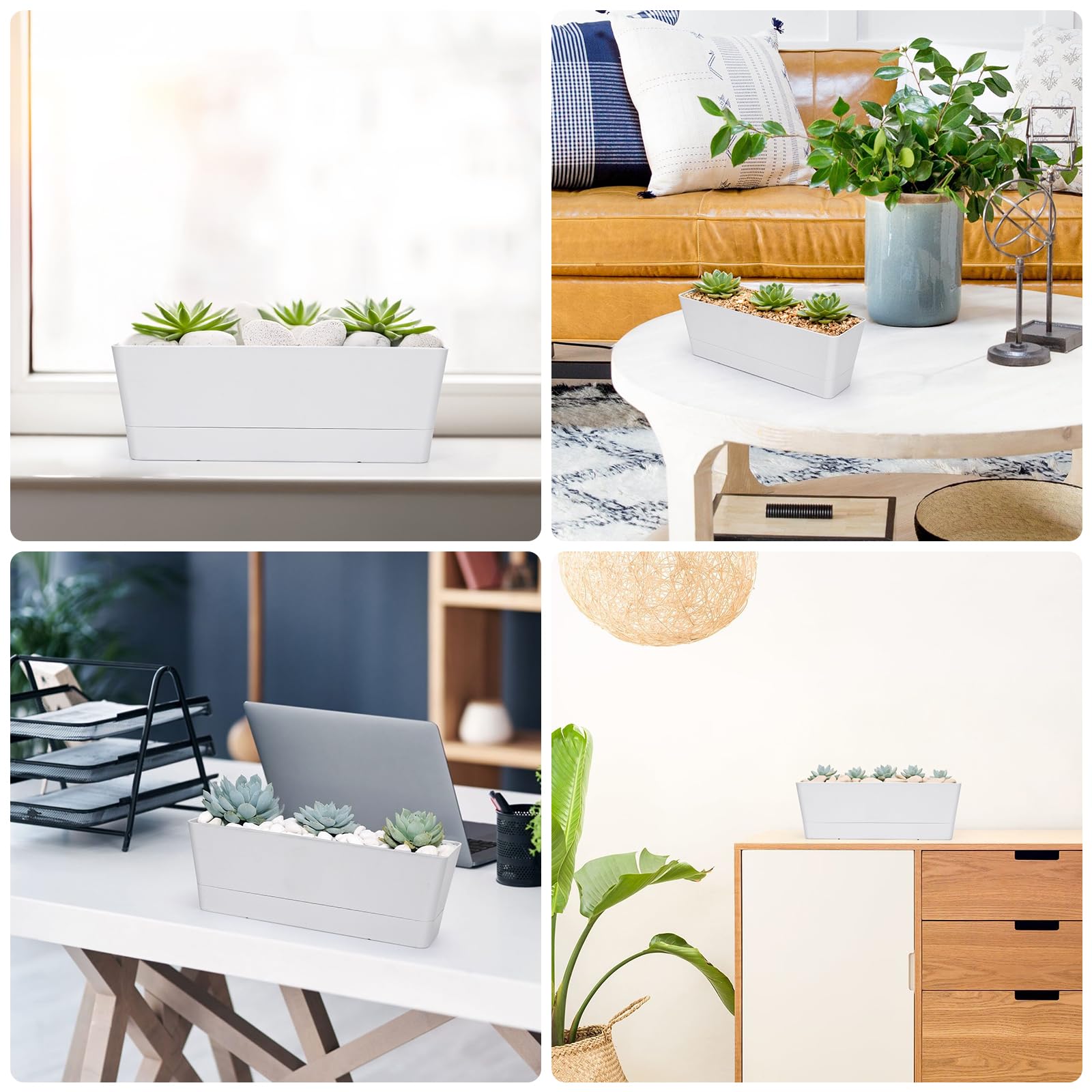 GREANER planter shown for indoor and outdoor use in various settings