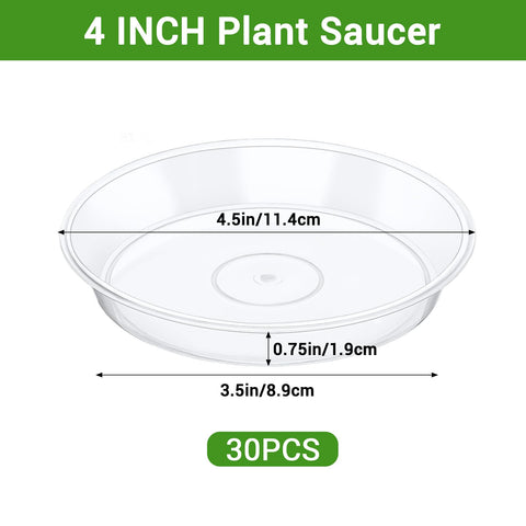 GREANER plant saucer 4-inch clear side view highlights durable plastic and stability.