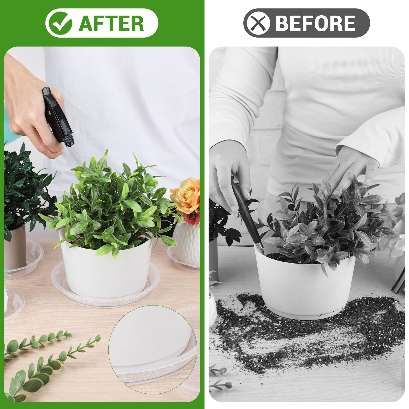 GREANER plant saucer indoors outdoors application demonstrates versatile placement and protection for pots.
