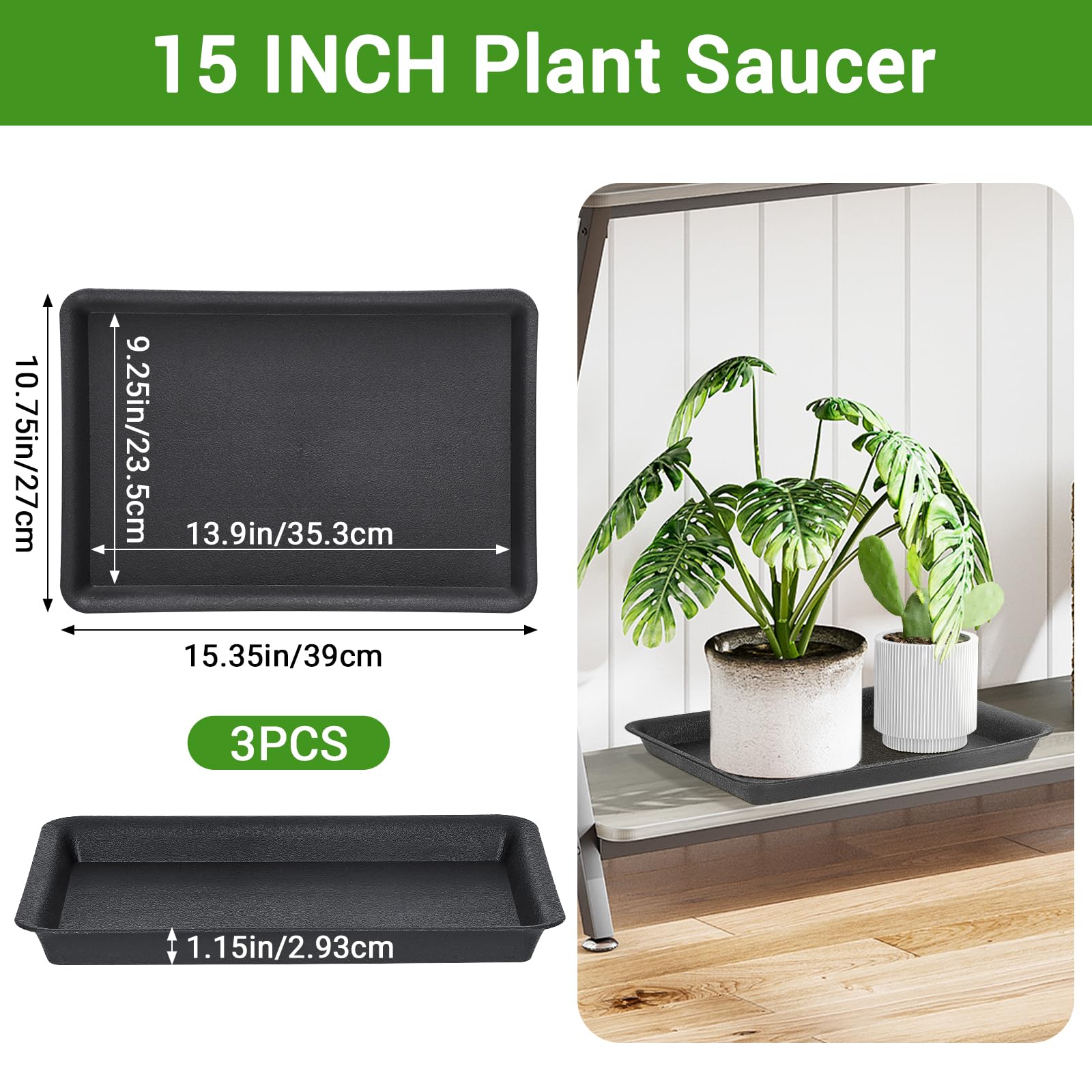 GREANER rectangular black 15-inch saucer shields floors from drips and spills.