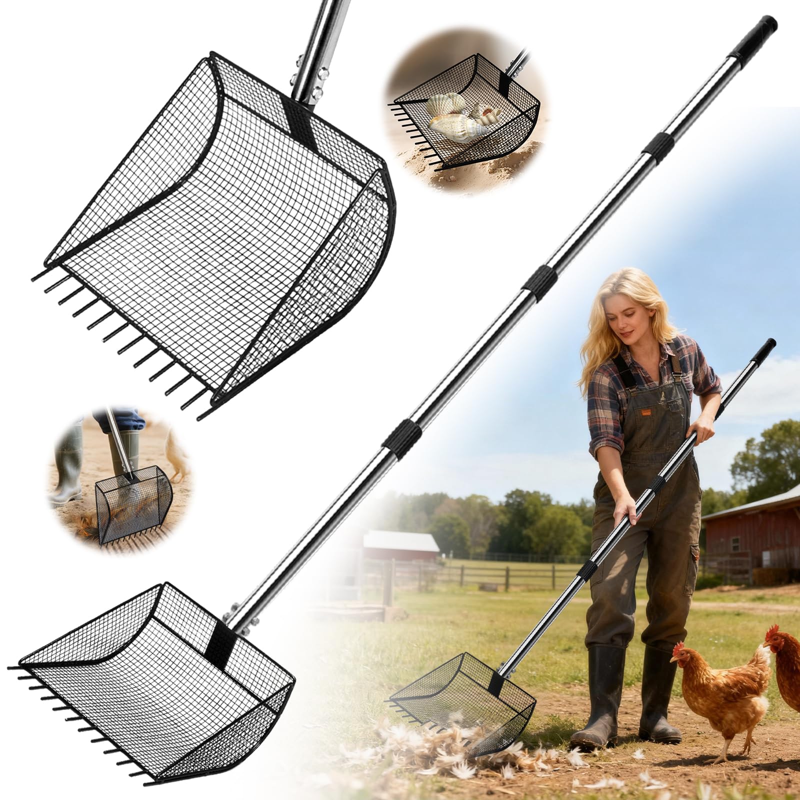 Great Dachong 2-in-1 scoop and rake for fast coop cleaning.
