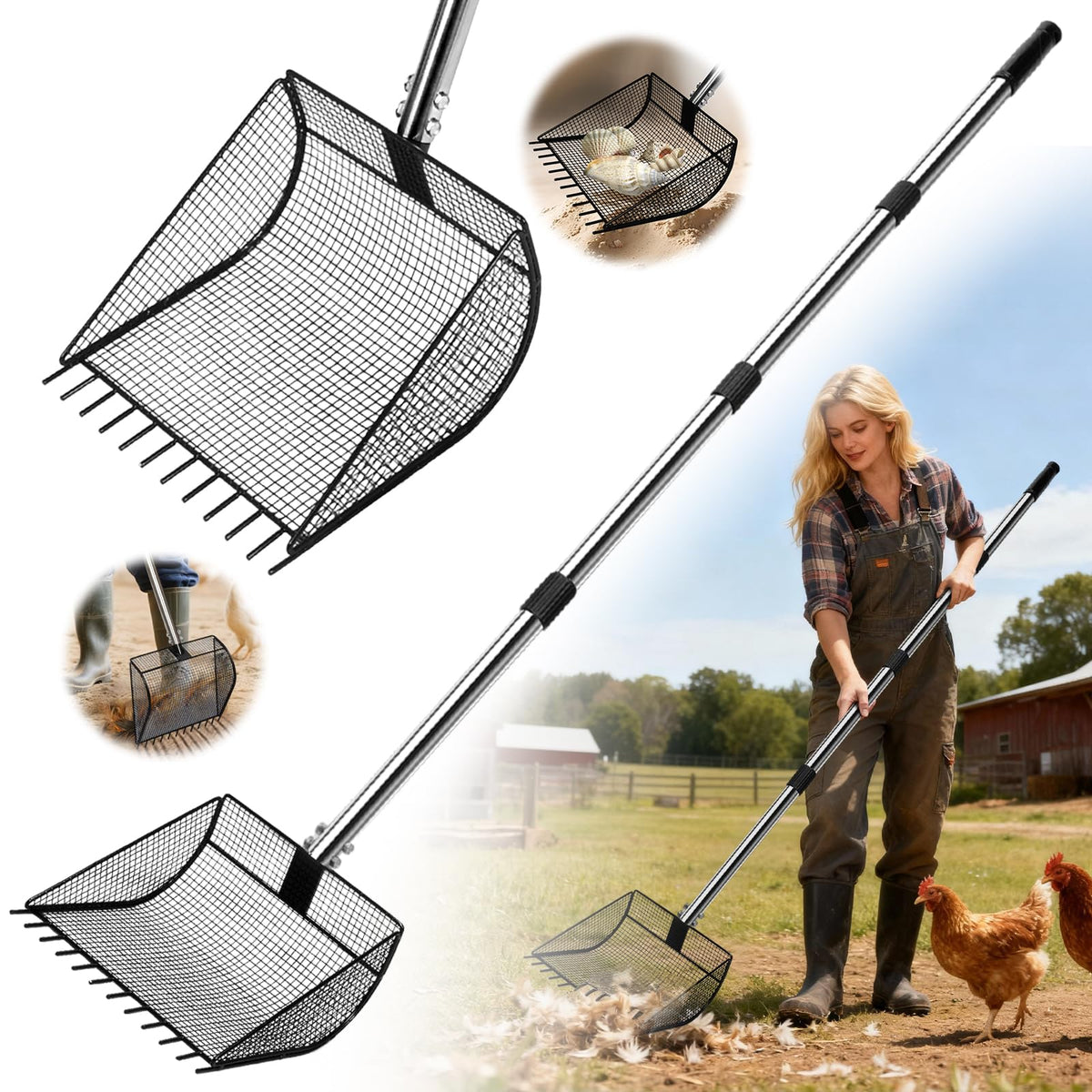 Great Dachong 2-in-1 scoop and rake for fast coop cleaning.