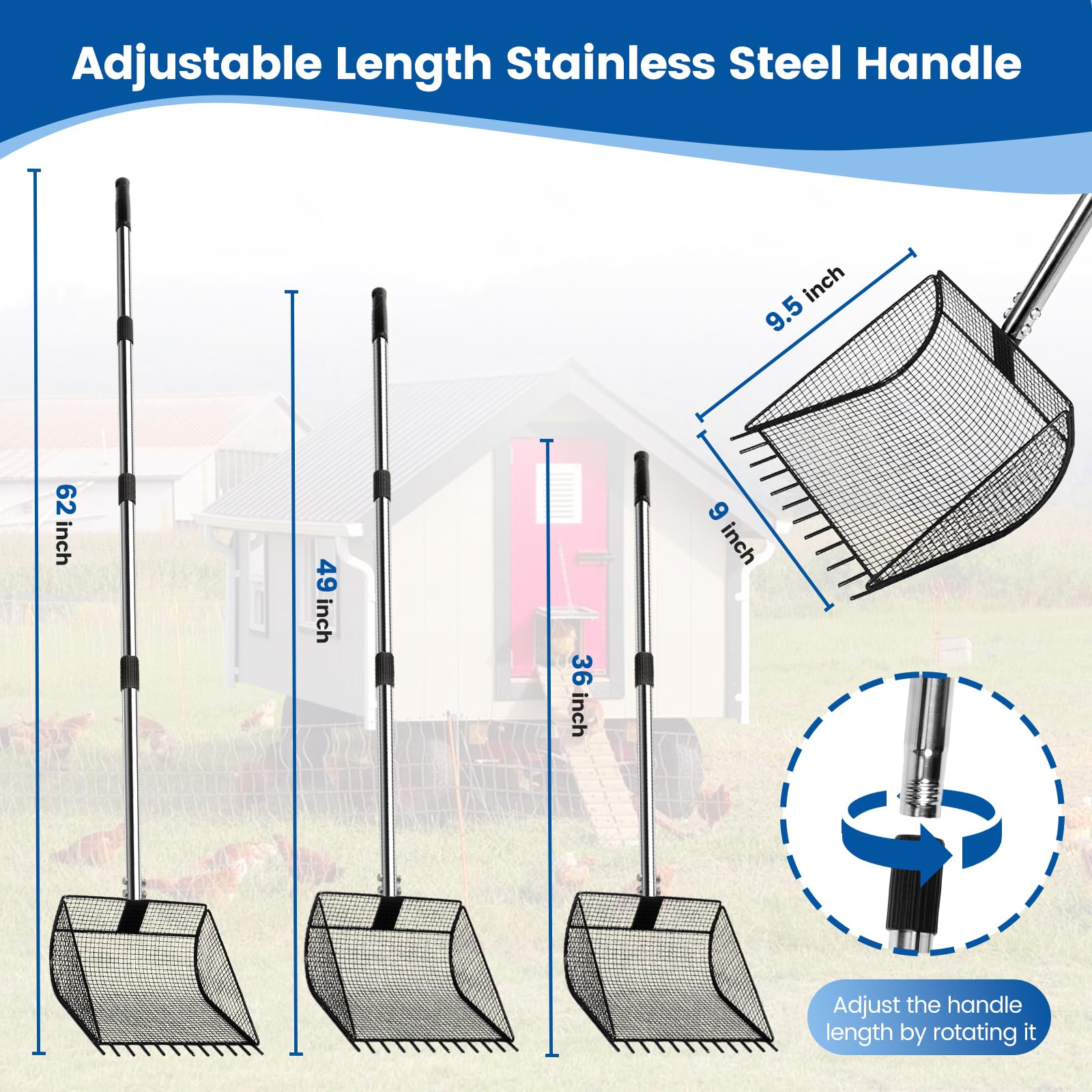 Great Dachong adjustable handle from 36 to 62 inches for comfortable use.