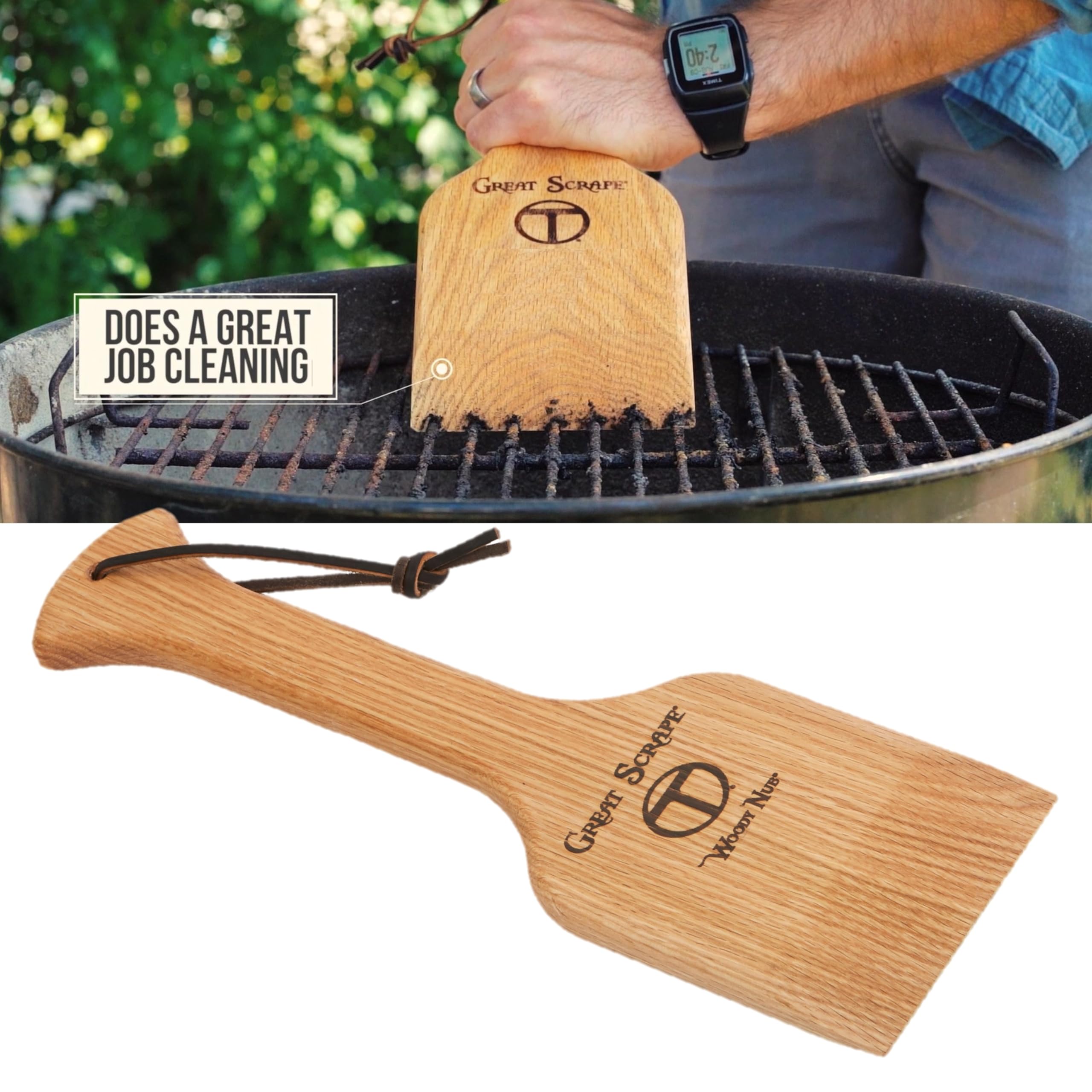 Great Scrape Woody Nub bristle-free design preserves grill surfaces while effectively removing debris.