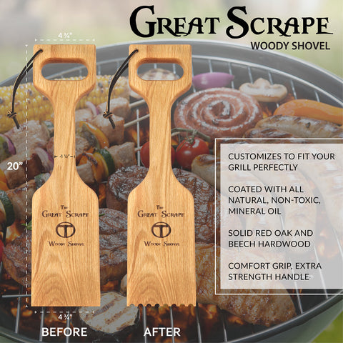 Great Scrape Woody Shovel custom-fit feature aligns with grill grooves.