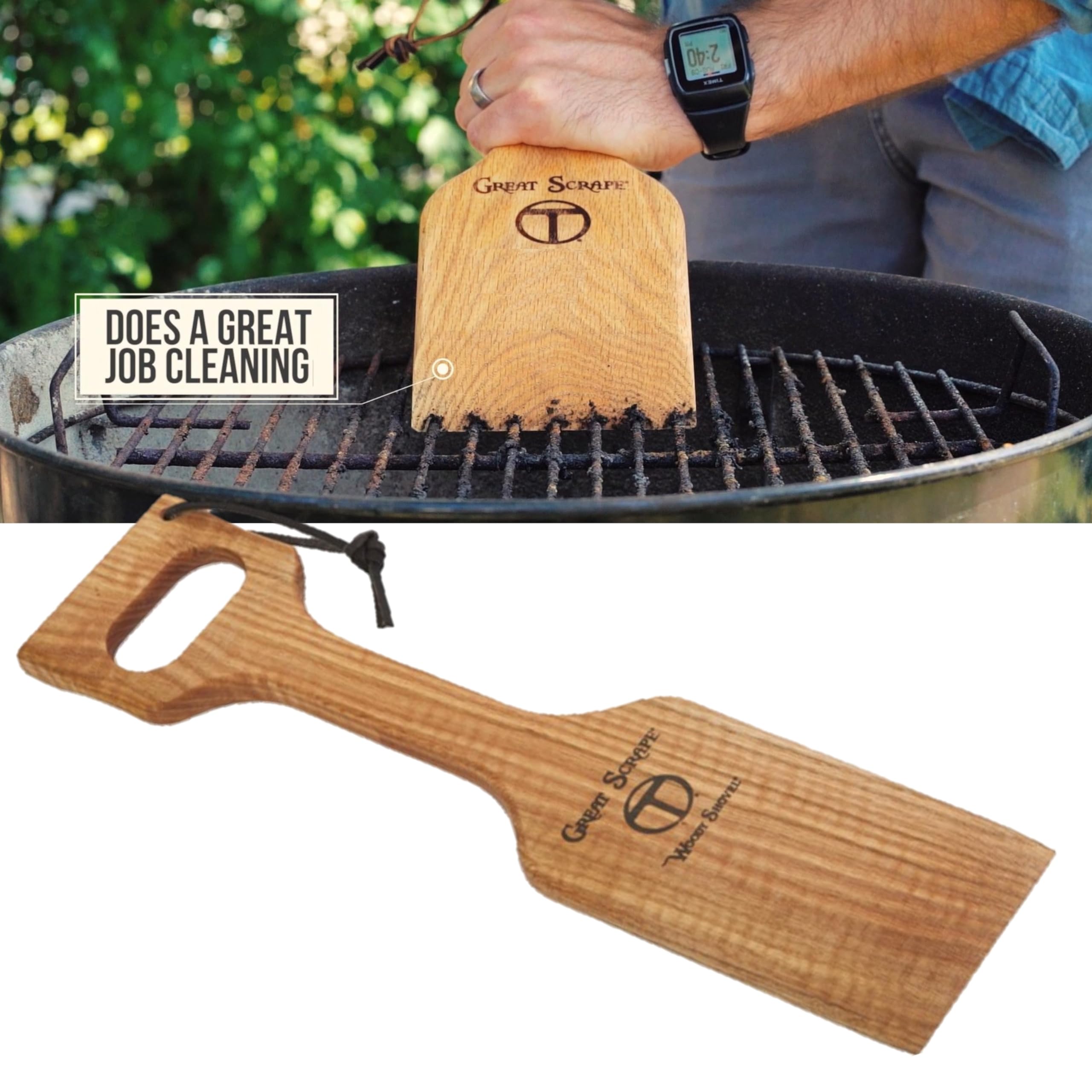 Great Scrape Woody Shovel in action for brushless grill cleaning on grates.