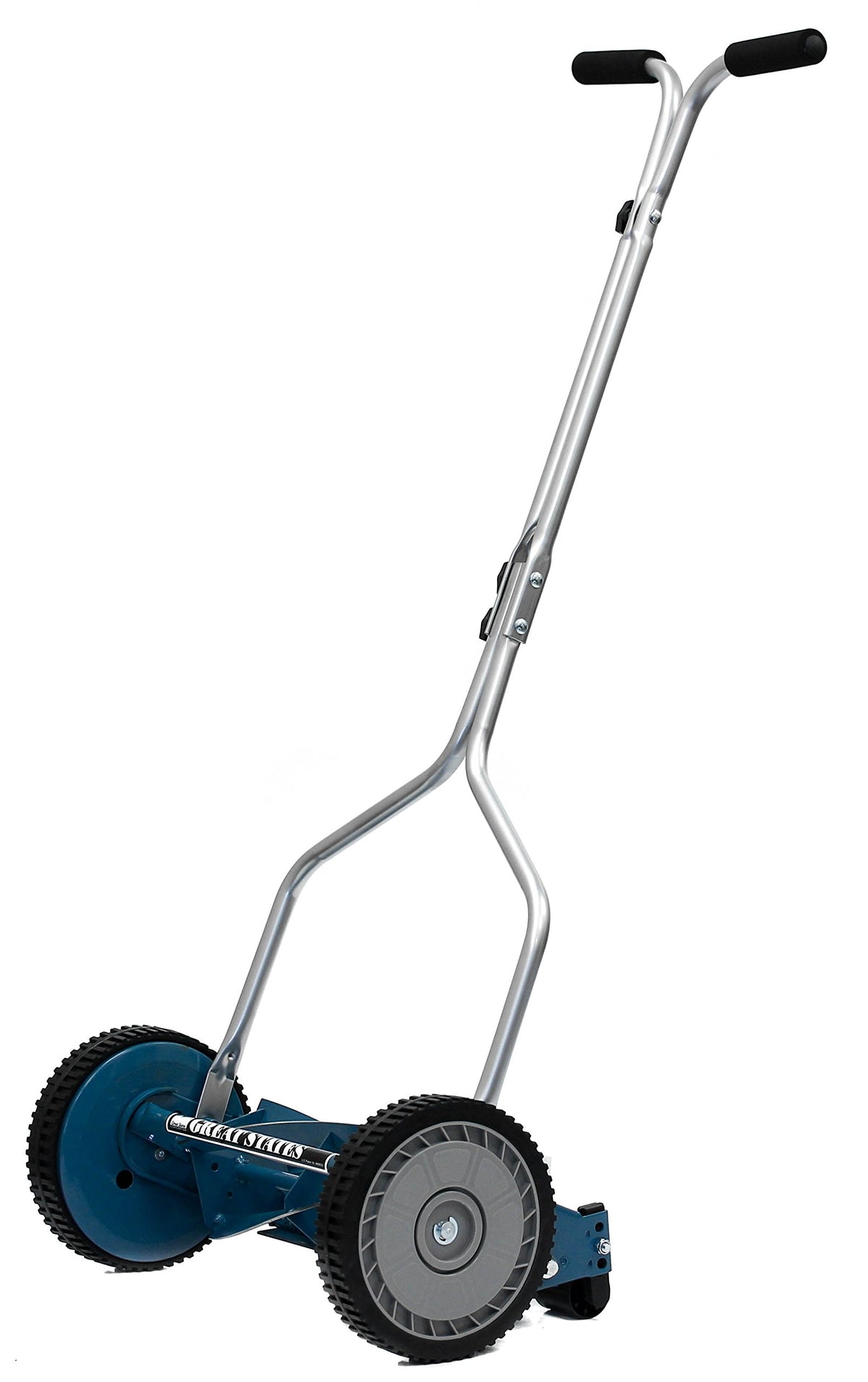 Great States 204-14 hand reel mower shows 14-inch cutting width for precise small-lawn mowing.