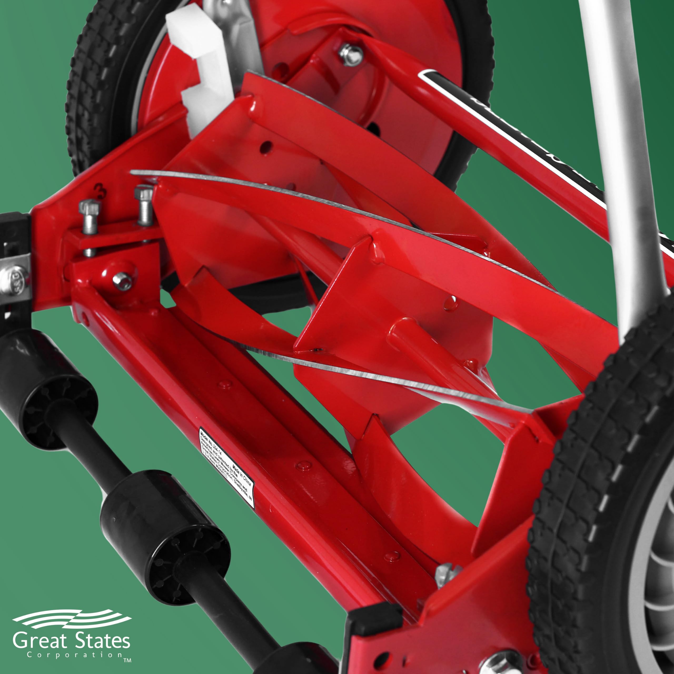 Great States 304-14-inch reel mower, red assembly image, tool-free setup.