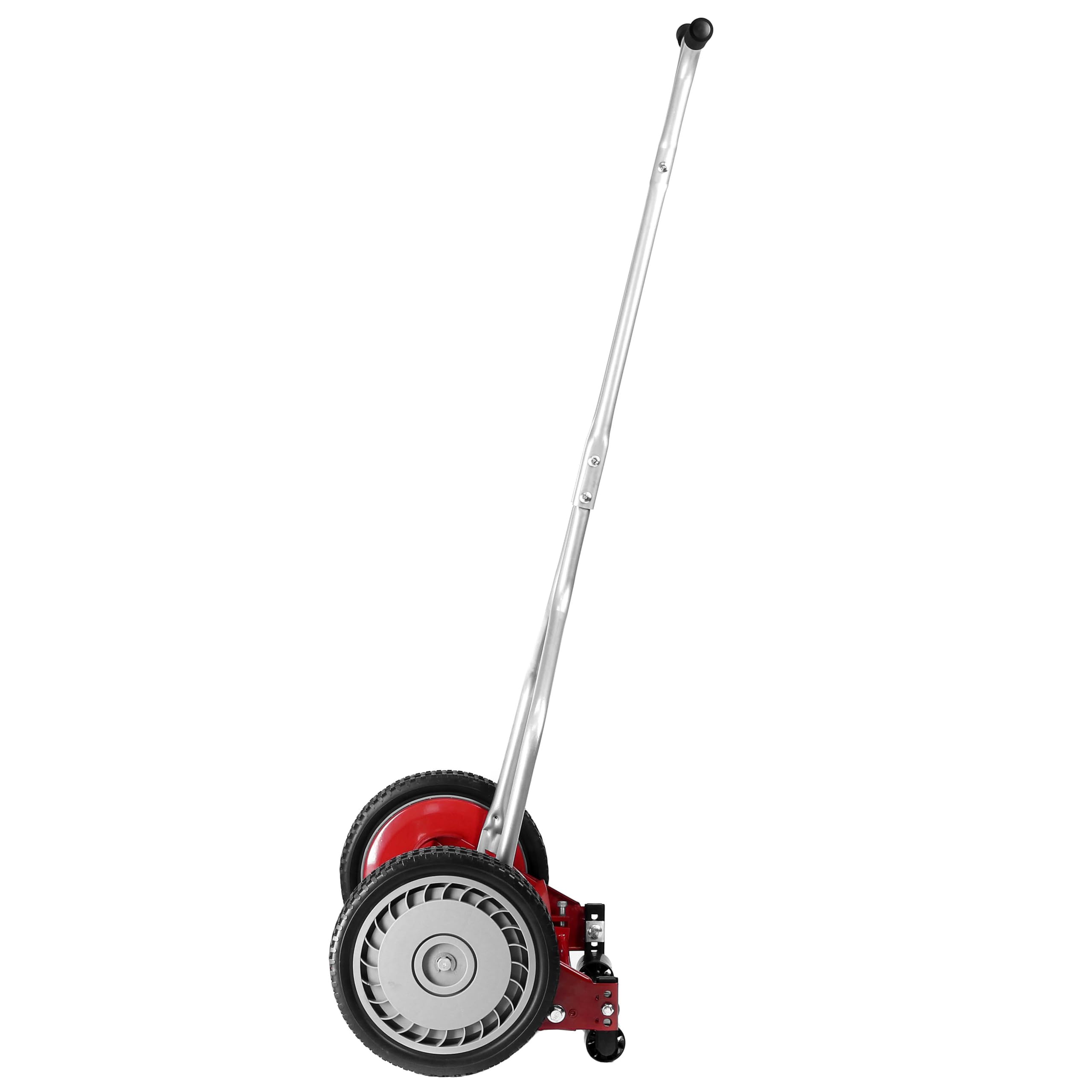 Great States 304-14-inch reel mower, red cushioned handle, comfortable grip during mowing.