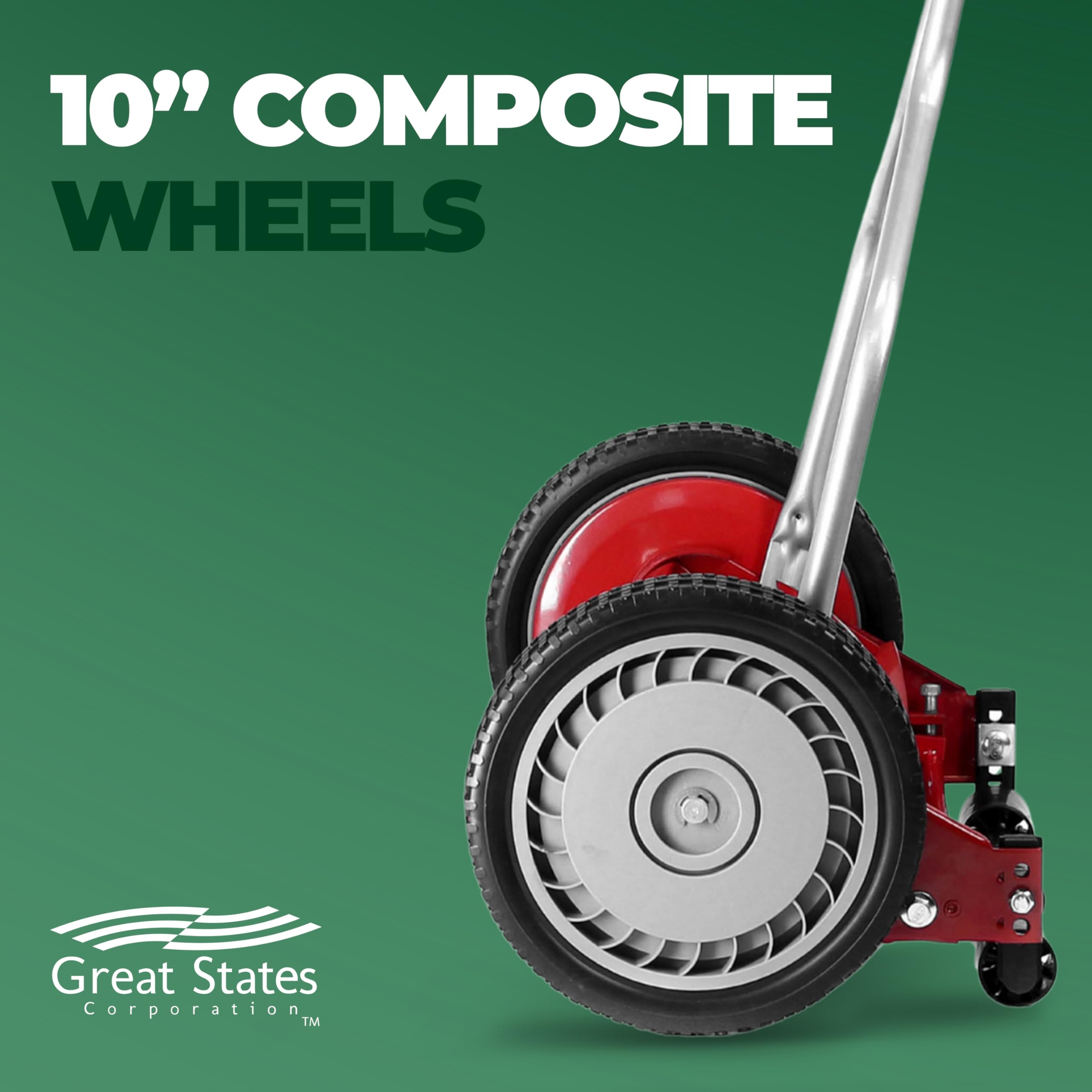 Great States 304-14-inch reel mower, red height-adjustment feature for tailored cuts.