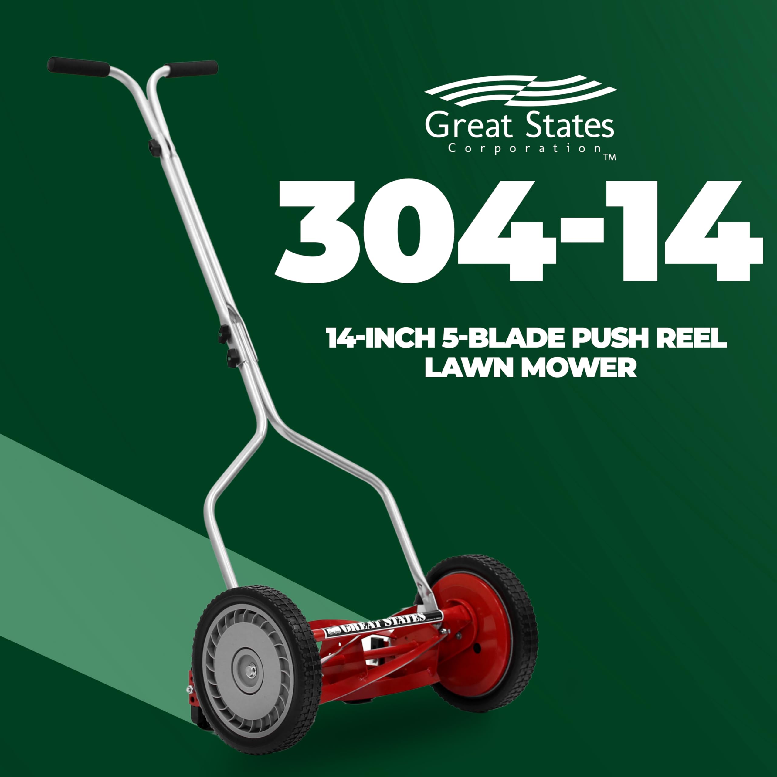 Great States 304-14-inch reel mower, red side view, quiet operation for small lawns.