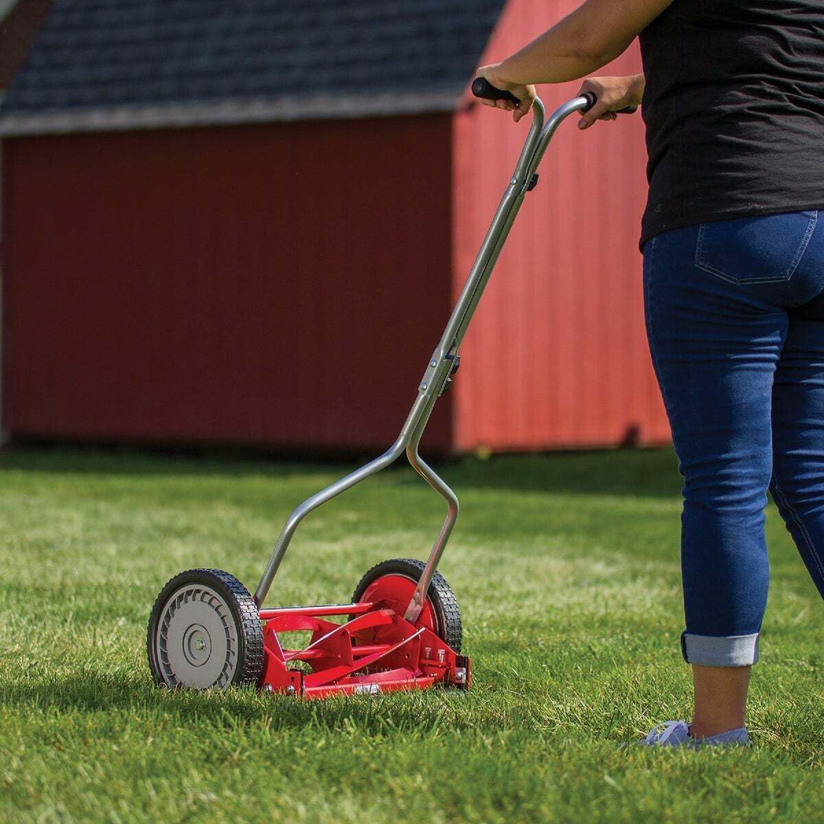 Great States 304-14-inch reel mower, red wheel detail, smooth-rolling performance.