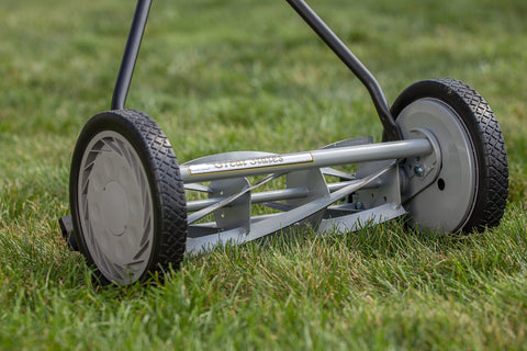 Great States 415-16 reel mower with 10-inch wheels for easy maneuverability.