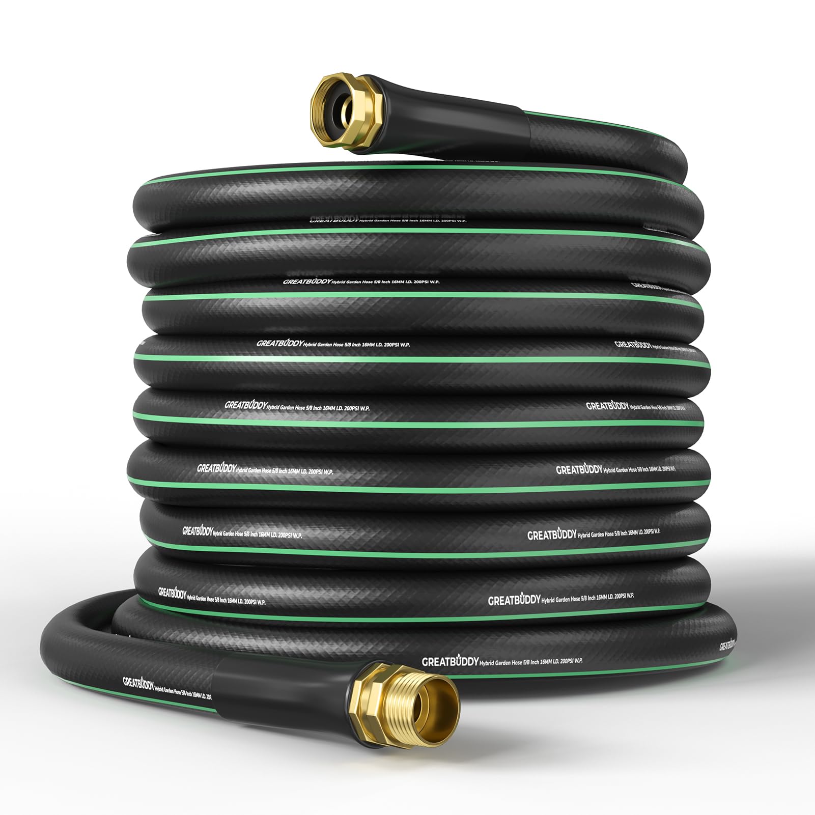 GreatBuddy 100 ft hybrid hose coiled on lawn for easy watering and reach.