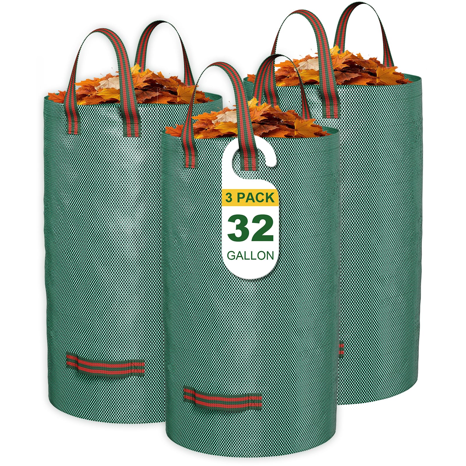 GreatBuddy 32-gallon leaf bag upright for easy loading during yard cleanup.